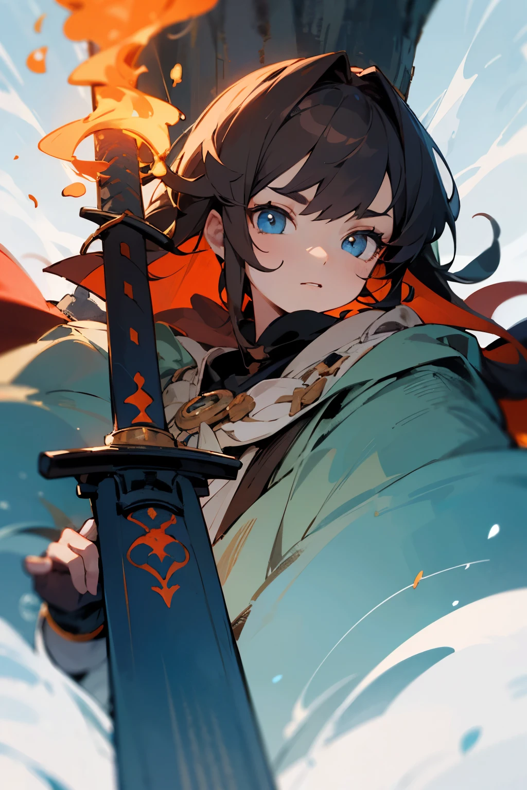(Detailed pubic hair), s the perfect face,quadratic element,Beautiful Boylack in color,giant sword,cloaks,Deep forest,ember,brunette color hair,eBlue eyes