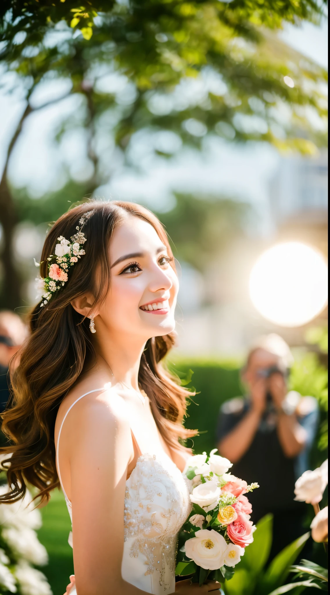 (best quality,4k,8k,highres,masterpiece:1.2),ultra-detailed,(realistic,photorealistic,photo-realistic:1.37),outdoor wedding party,1girl with beautiful brown hair and extremely detailed eyes,2girls wearing elegant wedding dresses,large bonquet of vibrant flowers,red carpet leading to the ceremony,joyful and happy expressions on everyone's faces,shiny and glossy hair reflecting the sunlight, the bride's dress swaying in the gentle breeze,soft natural lighting illuminating the scene,vivid colors that bring life to the image,bokeh effect in the background, creating a dreamy atmosphere