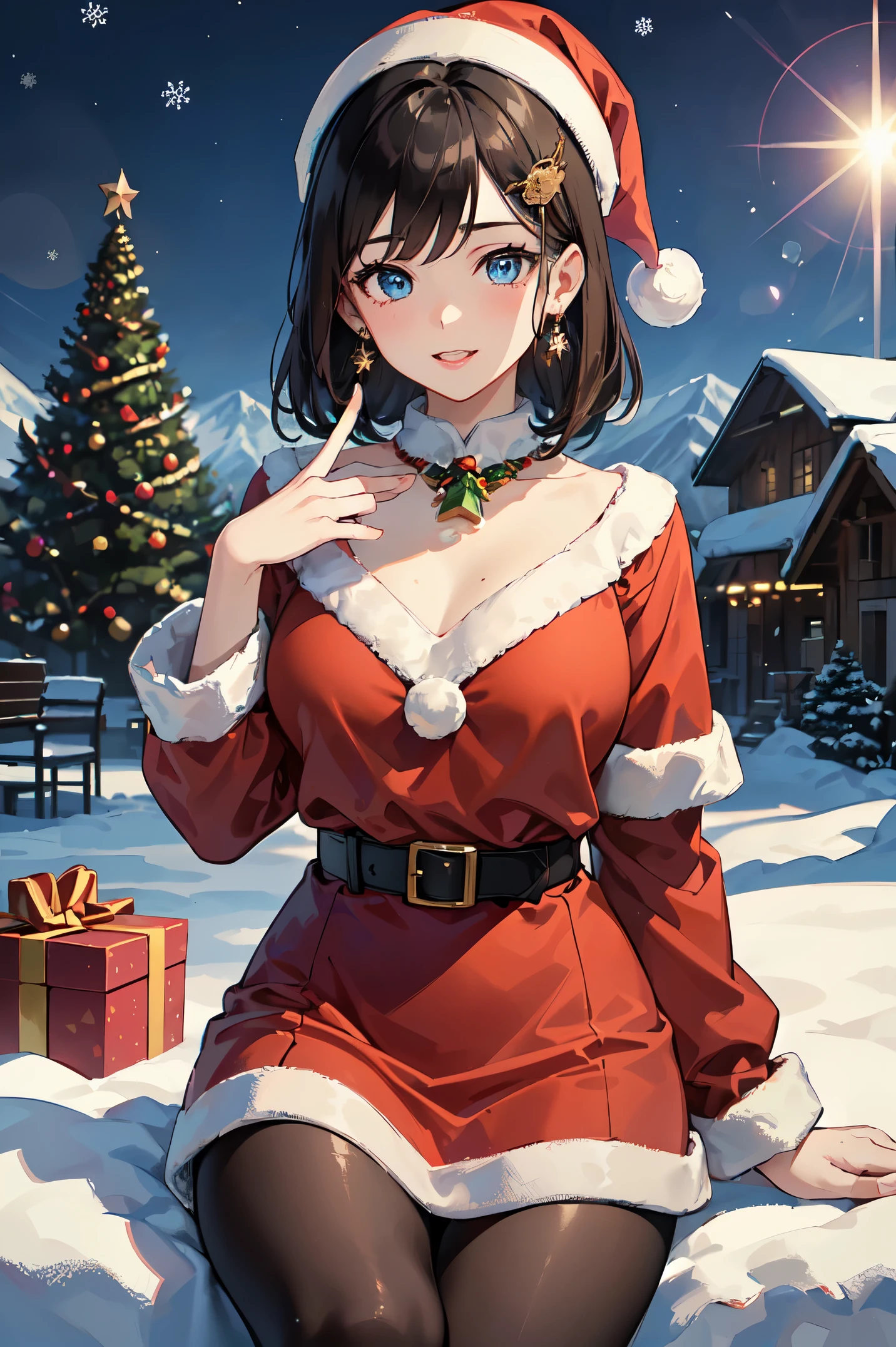 ((masterpiece)), ((best quality)), (ultra-detailed), (super fine illustration), ((kawaii)), cuovely), ((extremely detailed)), (Detailed eyes), (detailed facial features), (Detailed fingers), (detailed clothes features), 4K, (8K), (beautiful), (dynamic composition), (cowboy shot:1.3), (santa costume:1.3), sitting on a stump, a pretty woman, 1 woman, (brown skin:1.2), black hair, medium  hair, (beautiful blue eyeeautiful eyes)), White teeth, (tights), (hair ornaments), earringib necklace), (laulush, mountain, village, evening, winter, Shine with colored light, lens flare, (snow effect), shiny, christmas tree
