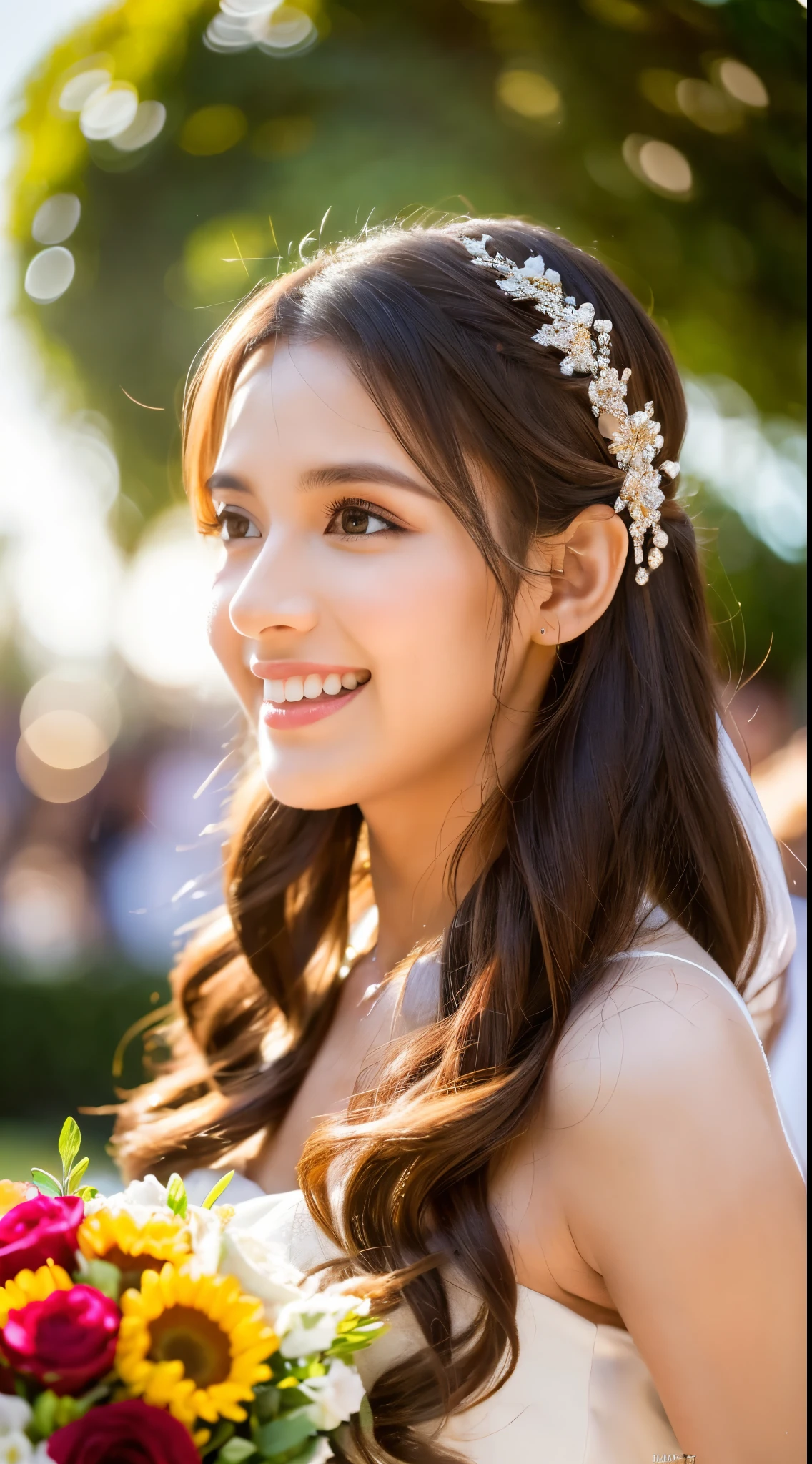 (best quality,4k,8k,highres,masterpiece:1.2),ultra-detailed,(realistic,photorealistic,photo-realistic:1.37),outdoor wedding party,1girl with beautiful brown hair and extremely detailed eyes,2girls wearing elegant wedding dresses,large bonquet of vibrant flowers,red carpet leading to the ceremony,joyful and happy expressions on everyone's faces,shiny and glossy hair reflecting the sunlight, the bride's dress swaying in the gentle breeze,soft natural lighting illuminating the scene,vivid colors that bring life to the image,bokeh effect in the background, creating a dreamy atmosphere