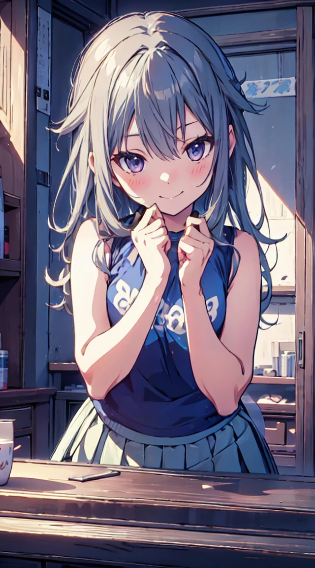 masutepiece, Best Quality,Illustration, Wallpaper, ultra -detail, 1loli、♡、Futomo、Poses in motion、mischievous smile、Tank tops、skirt by the