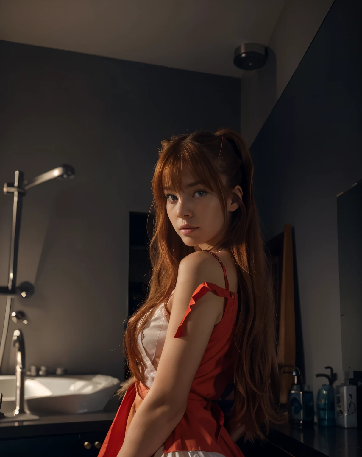 (best quality), high resolution, Asuka Langley Soryu, Beautiful Pretty Mixed German Babe, ((Beautiful face)), sexy lips, Gingers Twin tails headband long Hair, intense gaze, dark blue detailed beautiful eyes, combine realism and anime influence, gorgeus night gown, plain face, glasses, bathroom selfie, red color palette , bright bathroom