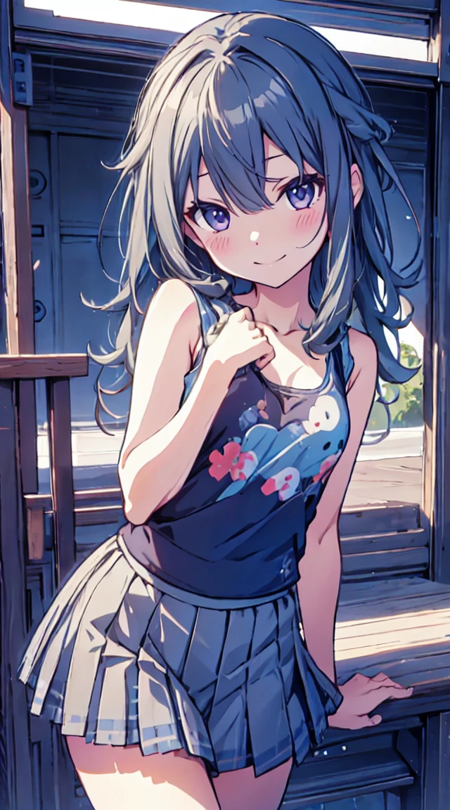 masutepiece, Best Quality,Illustration, Wallpaper, ultra -detail, 1loli、♡、Futomo、Poses in motion、mischievous smile、Tank tops、skirt by the、outside of house