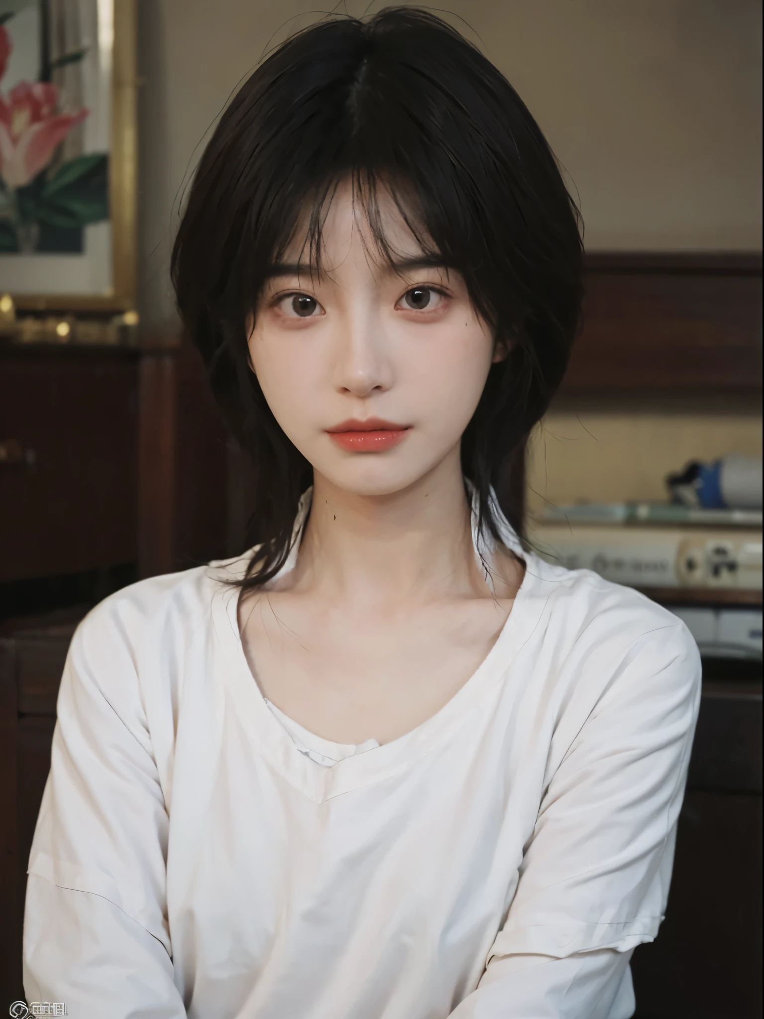 Best quality, 超高分辨率, (realistically:1.4),There is a woman wearing a sweater and a white shirt, 年轻Cute Korean face, 有着Cute and delicate face蛋, a cute young woman, she has a cute face, ruffled flower collar, Cute Korean face, pale milky white porcelain skin, wearing collar on neck, Cute and delicate face, ulzzangs, thick collar, Baiji haircut hairstyle