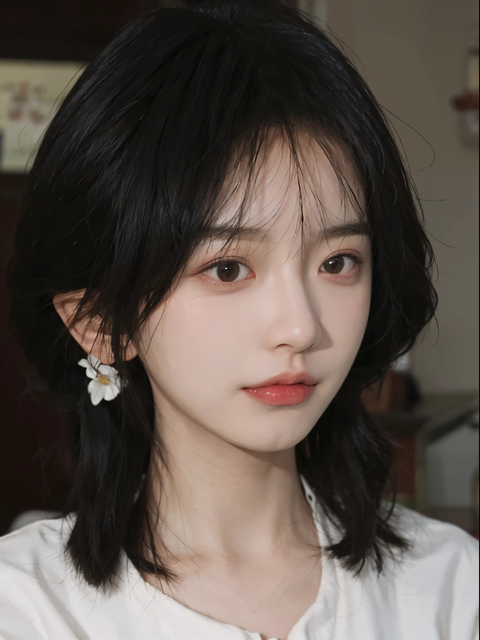 Best quality, 超高分辨率, (realistically:1.4),There is a woman wearing a sweater and a white shirt, 年轻Cute Korean face, 有着Cute and delicate face蛋, a cute young woman, she has a cute face, ruffled flower collar, Cute Korean face, pale milky white porcelain skin, wearing collar on neck, Cute and delicate face, ulzzangs, thick collar, Baiji haircut hairstyle
