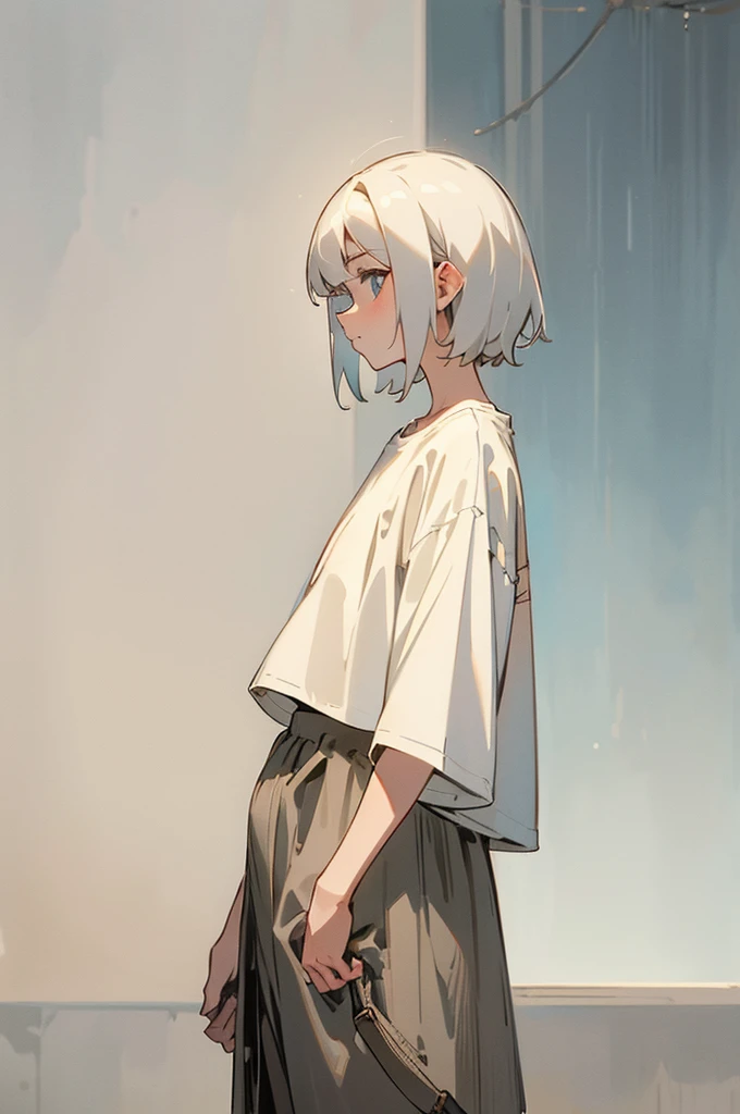 HDR, masterpiece,vintage,RTX,(masterpiece, best quality:1.2),ads modeling, Bangs,profile shot, solo, 1girl, (oversize clothing,baggy, white plain t-shirt, longline tee:1.2), jogger pants,white seamless background, symetric:1.2,frontal shot:1.2,look at viewer,model,