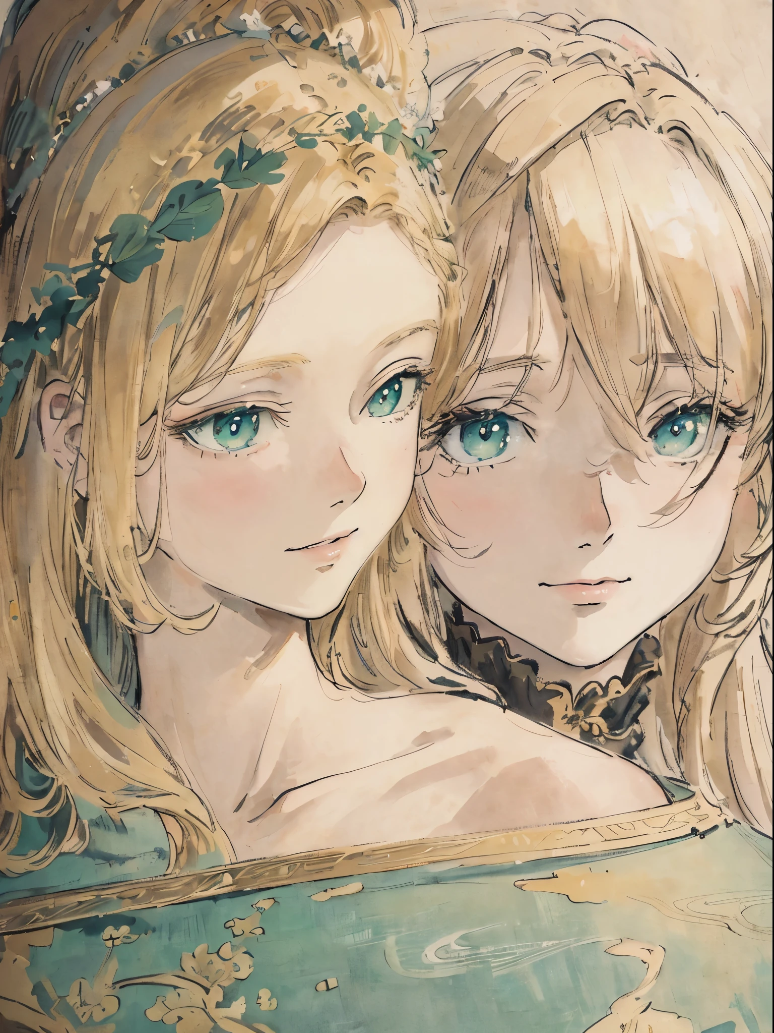 Masterpiece, top quality, very delicate and beautiful girl, very delicate and beautiful, world masterpiece theater, super definition, top quality, blonde hair, high res, very elaborate, girl, top quality, illustration, look at the viewer people, impasto, canvas, oil painting, realism, realistic, green eyes, smile.