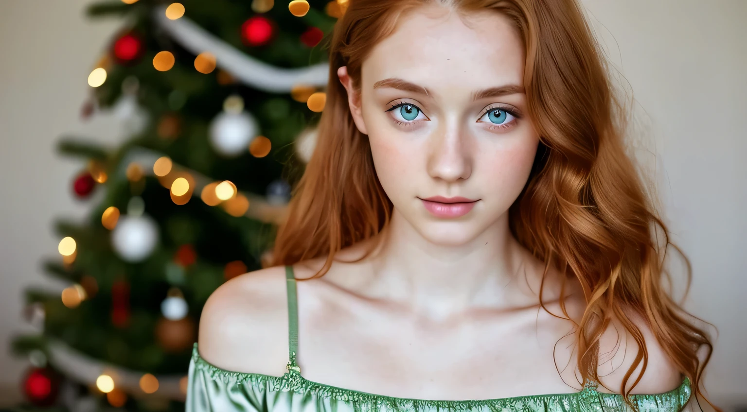 1girl in, age19, Solo, Aesthetic artwork, irish, wavy ginger hair, shoulder length hair, gray eyes, light grey eyes, pale skin, A-cup, small breasts, runners body, (textured skin, skin pores:1.1), goosebumps, candid fully body shot of woman wearing silk green pyjamas with Christmas tree in background opening gifts, sexy