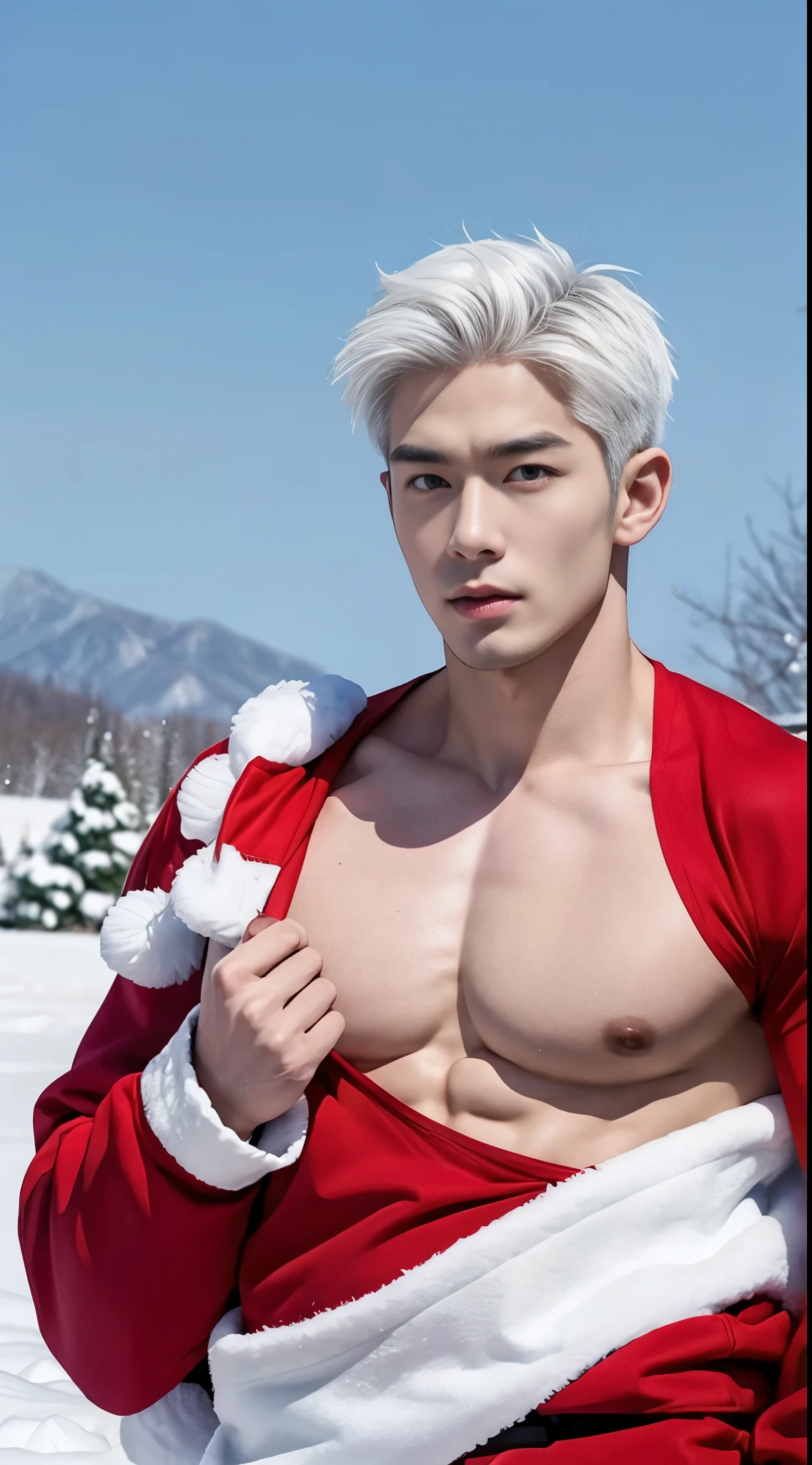 Santa Claus, Japanese, handsome, pale skin, tattoo, muscles, white hair, shirtless, snow field, heavy snow, Christmas