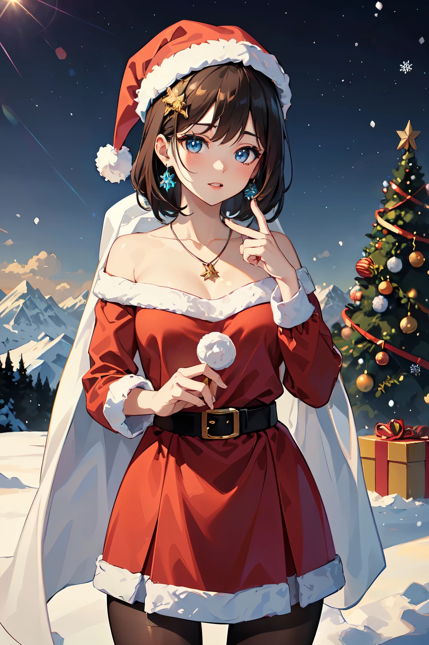 ((masterpiece)), ((best quality)), (ultra-detailed), (super fine illustration), ((kawaii)), cuovely), ((extremely detailed)), (Detailed eyes), (detailed facial features), (Detailed fingers), (detailed clothes features), 4K, (8K), (beautiful), (dynamic composition), (cowboy shot:1.3), (santa costume:1.3), sitting on a stump, a pretty woman, 1 woman, (brown skin:1.2), black hair, medium  hair, (beautiful blue eyeeautiful eyes)), White teeth, (tights), (hair ornaments), earringib necklace), (laulush, mountain, village, evening, winter, Shine with colored light, lens flare, (snow effect), shiny, christmas tree