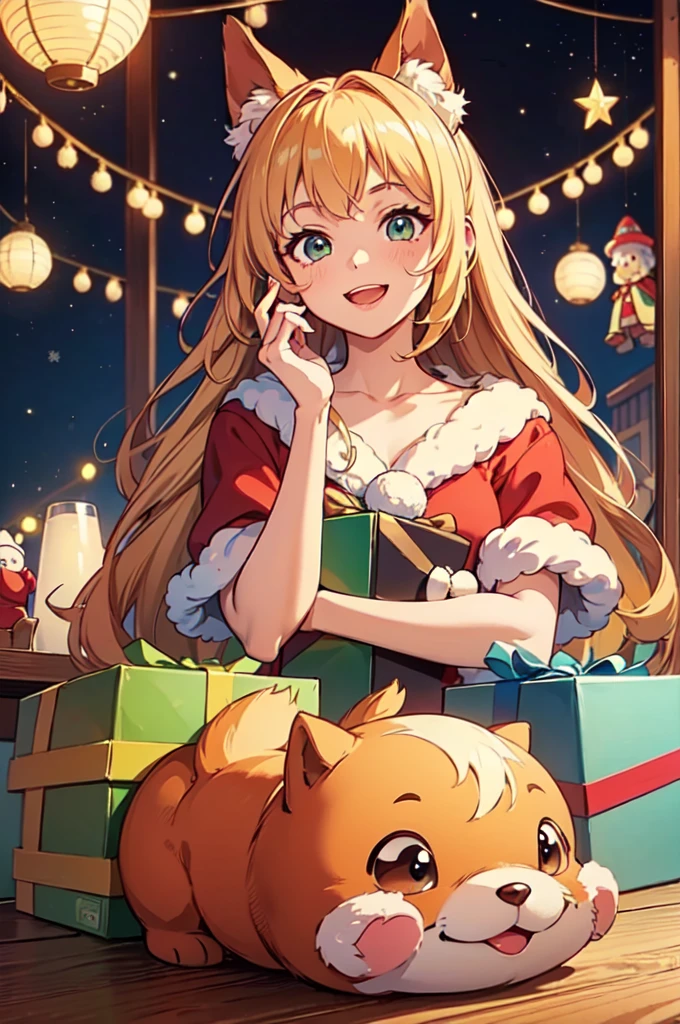 Holding Christmas Gift, Receiving Christmas Gift, Giving Gift, Festive atmosphere, surprise, happy, by Richard Scarry, enhance, intricate, (best quality, masterpiece, Representative work, official art, Professional, unity 8k wallpaper:1.3)