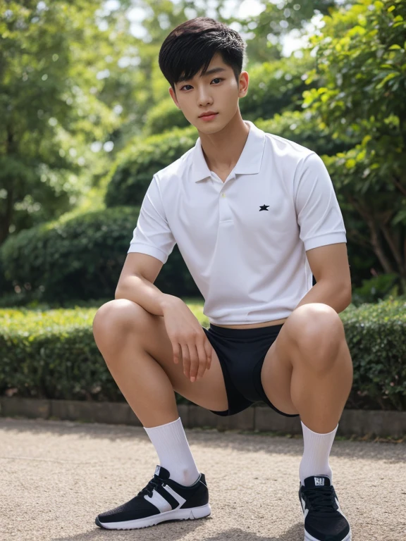1 age Korean handsome nude guy, 15 y person, white tank top ,wearing red tanga men's underwear, nude ,Standing,at the iron fence of Versailles's palace. facing halfway, , multiple person wearing a student uniform in background 