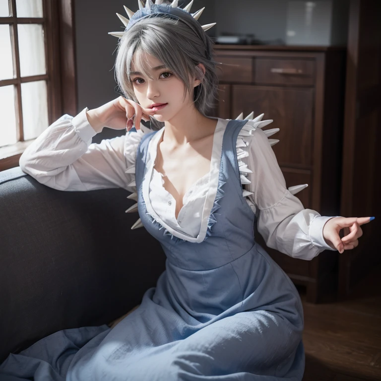 ((16 Nights Sakiya)), ((Touhou Project)), Cosplay, 20-year-old woman, (((gray hair)), ((medium spiky hair)), ((blue maid outfit)), ((white blouse)), midchest, (light)))), (pose))), (photorealistic photo: 1.3), rim lighting, (high detail skin:1.2), 8K UHD, dslr, high quality, high resolution, 4K, 8K, Bokeh, Absurdity, Best ratio four fingers and one thumb, (Real:1.3), Cutest 1 Girl, Lots of Knives