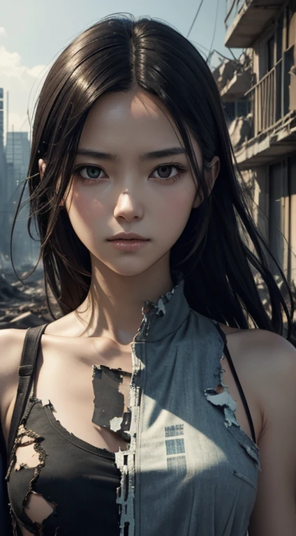 A woman with a slender figure standing in the midst of ruins, wearing tattered clothes but appearing calm and composed, surrounded by rubble and broken buildings, exuding a sense of desolation
,32k, best quality, masterpiece, super detail, high details, by Makoto Shinkai ,in the style of the stars art group xing xing,  --niji 5"
Mirrors. A digital art inspired by Ryoji Ikeda. symmetrical portrait with analog glitch effect
extreme details