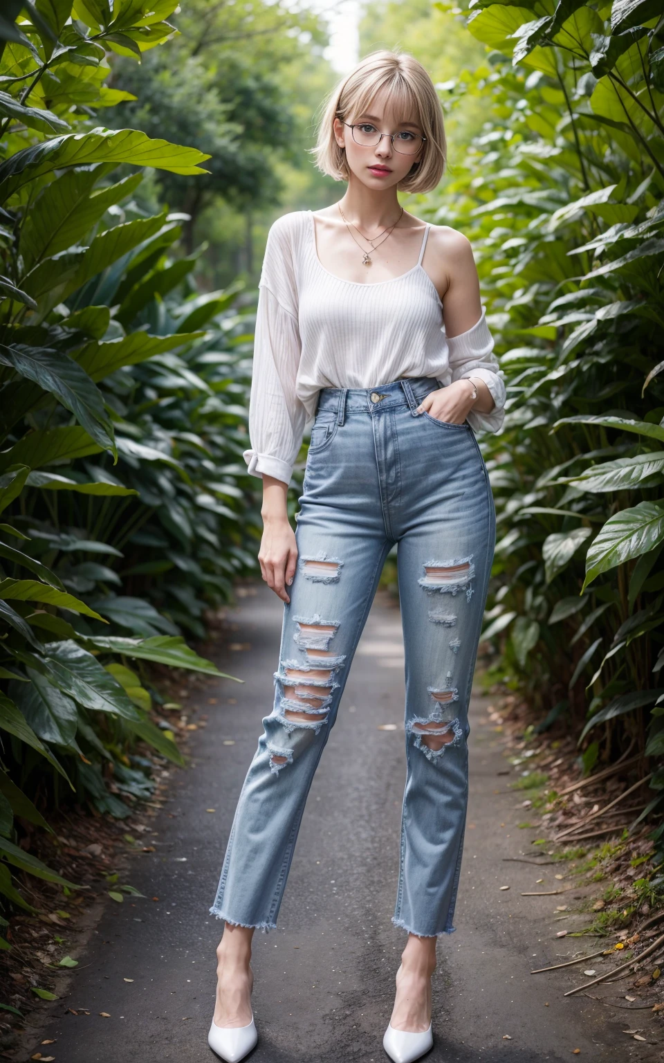 (8K, Masterpiece, RAW photo, Best quality, detail:1.3), (ultra realistic Natural background, scenary:1.5), Depth of field, Cinematic light, (ultra realistic face), (1 picture of 1 solo girl Airim Jones:1.6), 1girl, (Beautiful and elegant Russian girl), (skinny girl with glasses), (European face:1.3), (perfect complete full body:1.6), (full body shot including shoes:1.6), (perfect [frontal view|side profile|back profile]:1.5), (small necklace, collarbone:1.1), ( [bangs|pigtails|bob|pixie] hair:1.5), (ultra detailed skin:1.4), (sexy [white|pink] minitop:1.4), (Boyfriend Blue Jeans:1.6), (perfect standing pose:1.5), (perfect long legs:1.4)