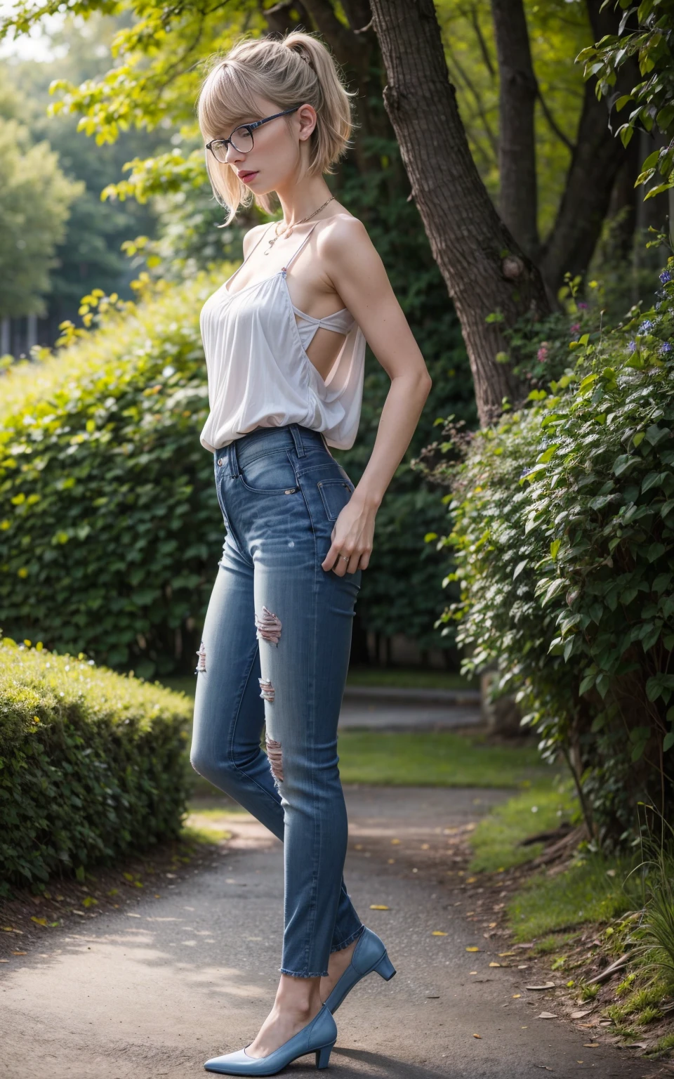 (8K, Masterpiece, RAW photo, Best quality, detail:1.3), (ultra realistic Natural background, scenary:1.5), Depth of field, Cinematic light, (ultra realistic face), (1 picture of 1 solo girl Airim Jones:1.6), 1girl, (Beautiful and elegant Russian girl), (skinny girl with glasses), (European face:1.3), (perfect complete full body:1.6), (full body shot including shoes:1.6), (perfect [frontal view|side profile|back profile]:1.5), (small necklace, collarbone:1.1), ( [bangs|pigtails|bob|pixie] hair:1.5), (ultra detailed skin:1.4), (sexy [white|pink] minitop:1.4), (Boyfriend Blue Jeans:1.6), (perfect standing pose:1.5), (perfect long legs:1.4)