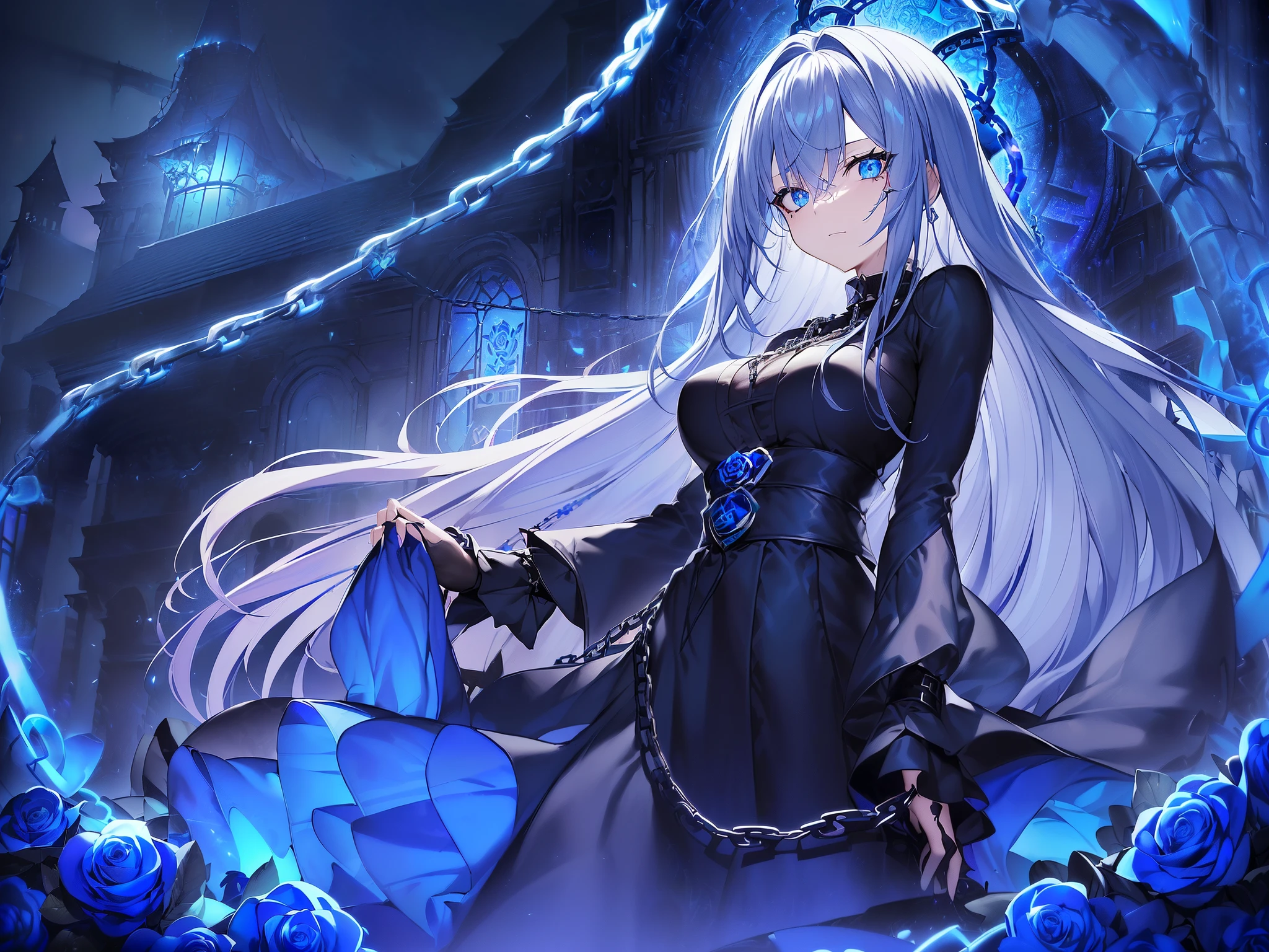 top-quality、Top image quality、masterpiece、girl with((18year old、dark outfit、prisoner、 Best Bust、Bust 85、a blond、Semi-long、Blue eyes、open chest wide、Valley、Happiness、A slender、Provocative behavior、Evil face、Handcuffed、High laughter、Skull Tattoo、Tattoo of roses、Targeting your audience、Tighten blue rose hair、Black aura,Dark Forces,blue flames、Chain Accessories))hiquality、Beautiful Art、Background with((prison、Dark impression、House of Darkness、many chains))、masutepiece、Elaborate design、visualart、dark art