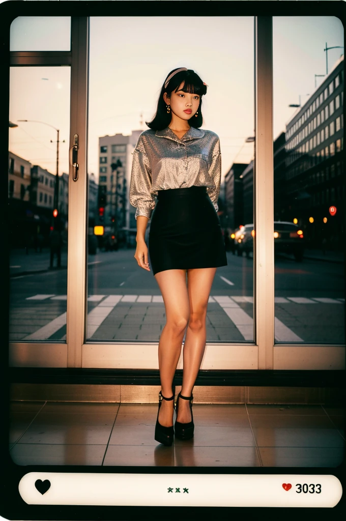 (full body:1.5)(portra 400:1.3)(instant film:1.3)( standing 1 woman in a retro vintage fashion:1.2)1 woman, Korean idols, japanese beauty, high quality, (detailed face:1.5) best quality, 8k,afterdark, twilight.