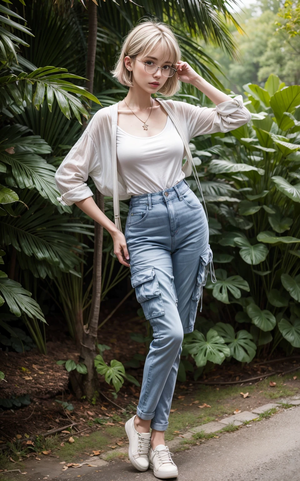 (8K, Masterpiece, RAW photo, Best quality, detail:1.3), (ultra realistic Natural background, scenary:1.5), Depth of field, Cinematic light, (ultra realistic face), (1 picture of 1 solo girl Airim Jones:1.6), 1girl, (Beautiful and elegant Russian girl), (skinny girl with glasses), (European face:1.3), (perfect complete full body:1.6), (full body shot including shoes:1.6), (perfect [frontal view|side profile|back profile]:1.5), (small necklace, collarbone:1.1), ( [bangs|pigtails|bob|pixie] hair:1.5), (ultra detailed skin:1.4), (sexy [white|pink] minitop:1.4), (Cargo Blue Jeans:1.6), (perfect standing pose:1.5), (perfect long legs:1.4)