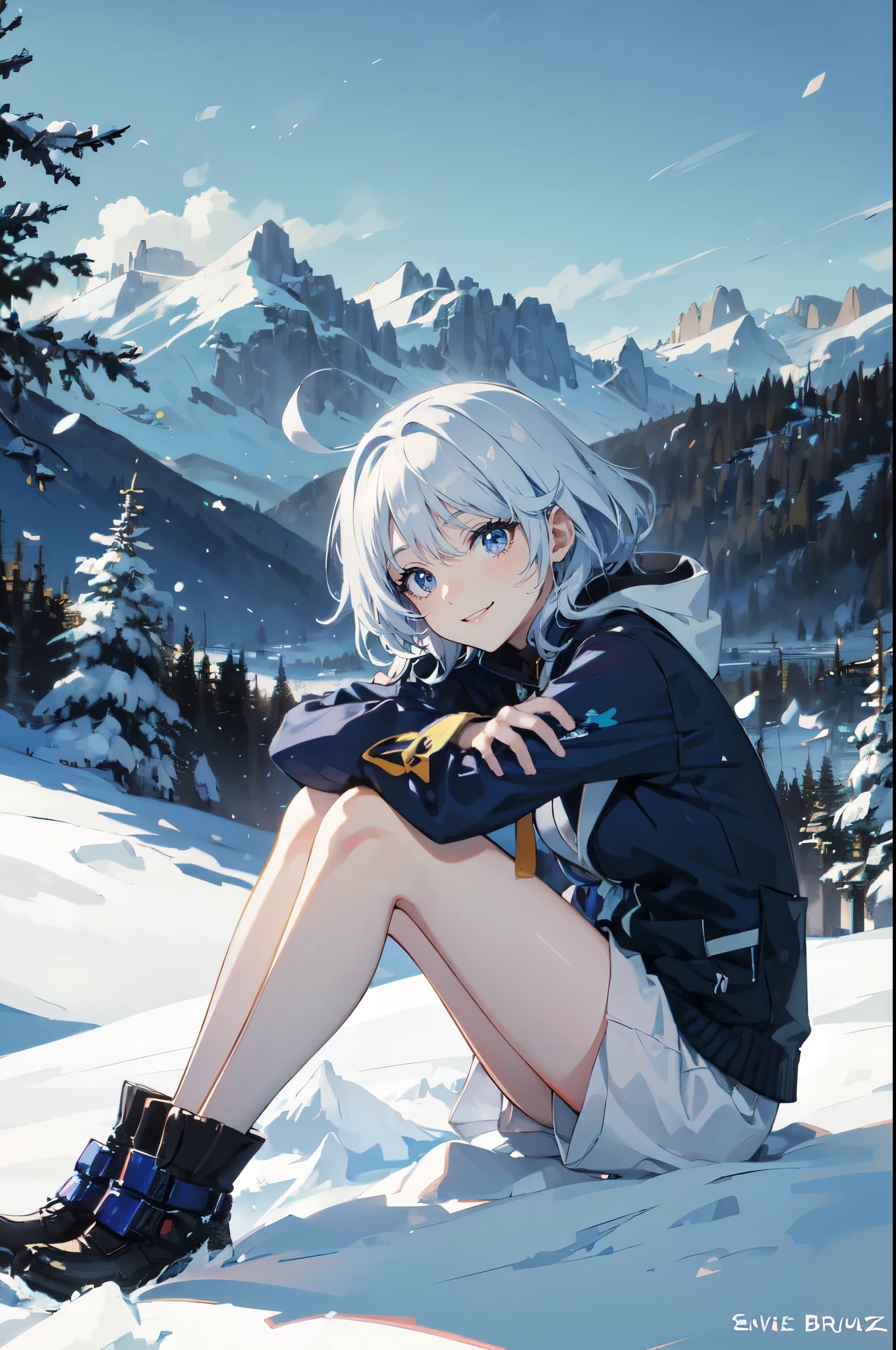anime, olhos azuis, cabelos brancos e azuis, sentado, leve sorriso, Montanhas ao fundo, neve