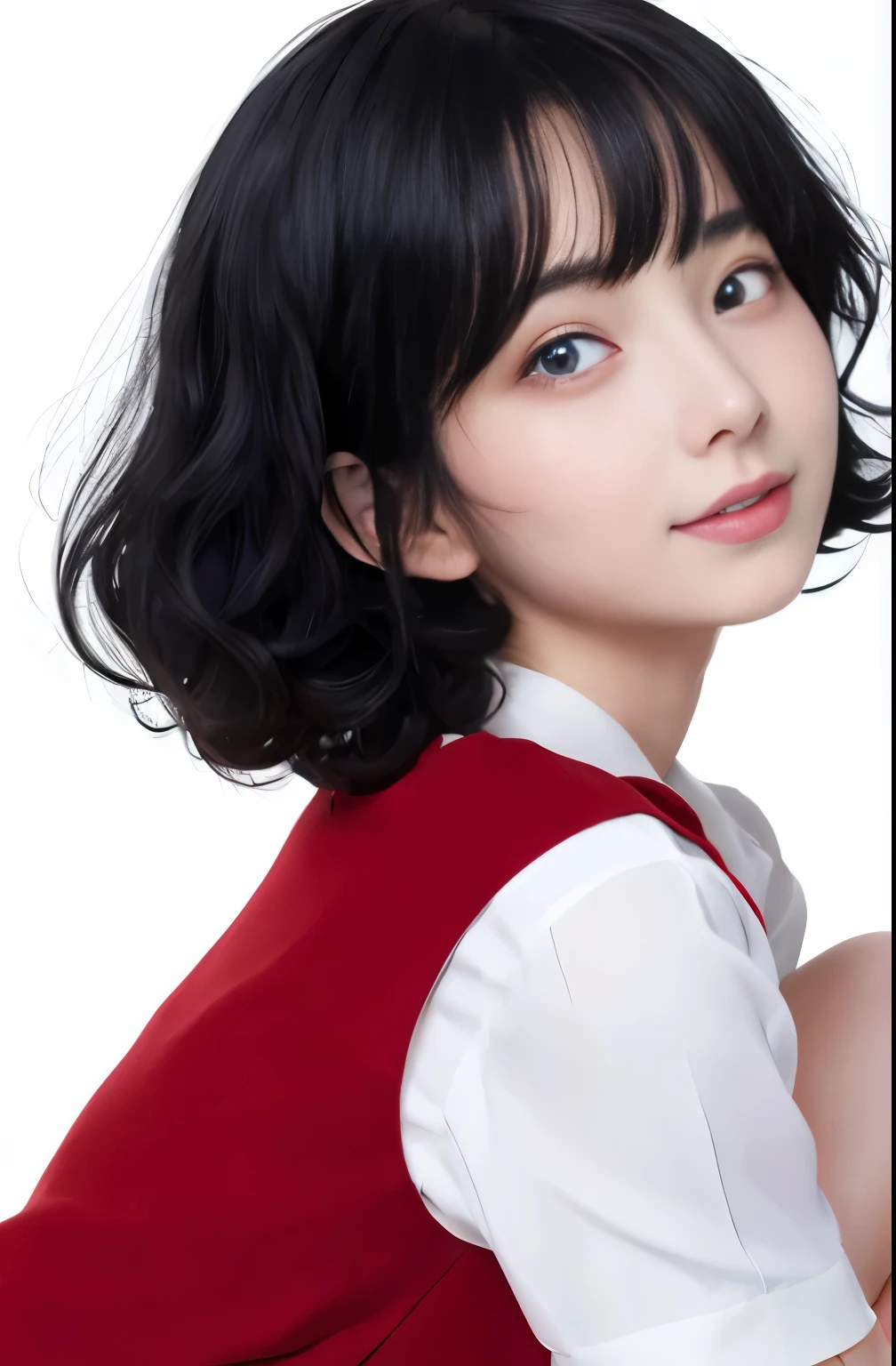 Black hair, Anime, Ghibli, Anime style, close up, From Side, One-person viewpoint, 8K, Super Detail, masutepiece,Super Detail, High quality, High resolution, high detailing, White background, Face Detail, Happiness, Curly hair, Blue eyes、Show a full body image、Red cheeks、High School Blouse、pleatedskirt、knee sox