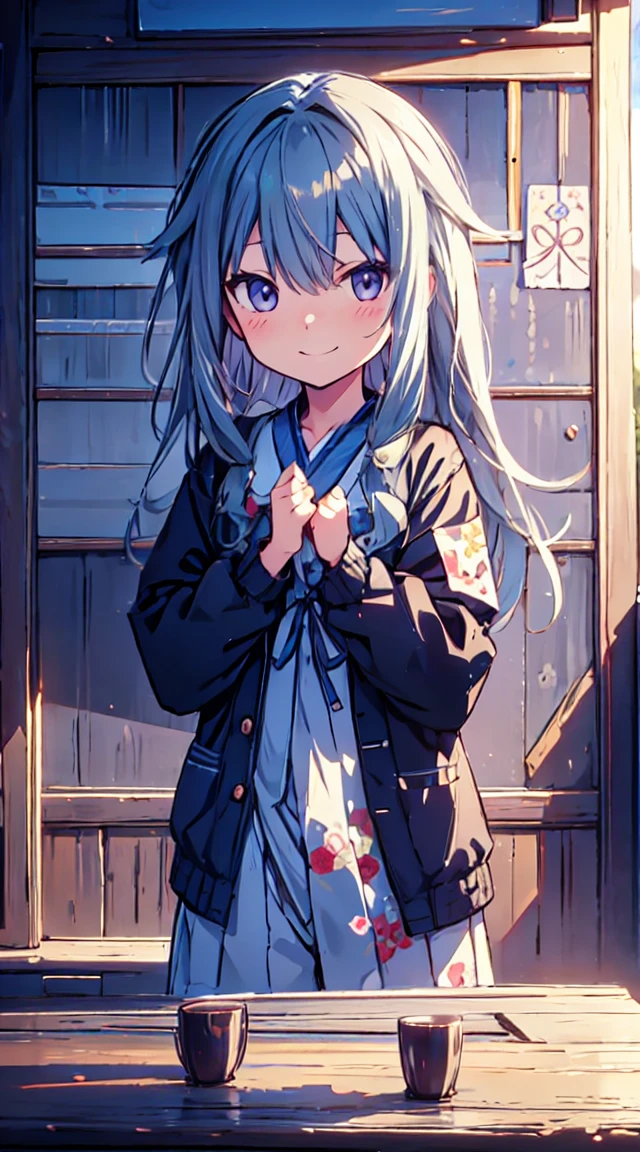 masutepiece, Best Quality,Illustration, Wallpaper, ultra -detail, 1loli、♡、Futomo、Poses in motion、mischievous smile、校服、outside of house