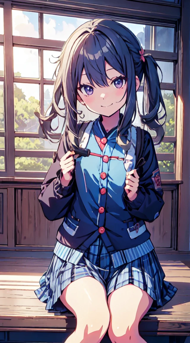 masutepiece, Best Quality,Illustration, Wallpaper, ultra -detail, 1loli、♡、Futomo、Poses in motion、mischievous smile、校服、outside of house