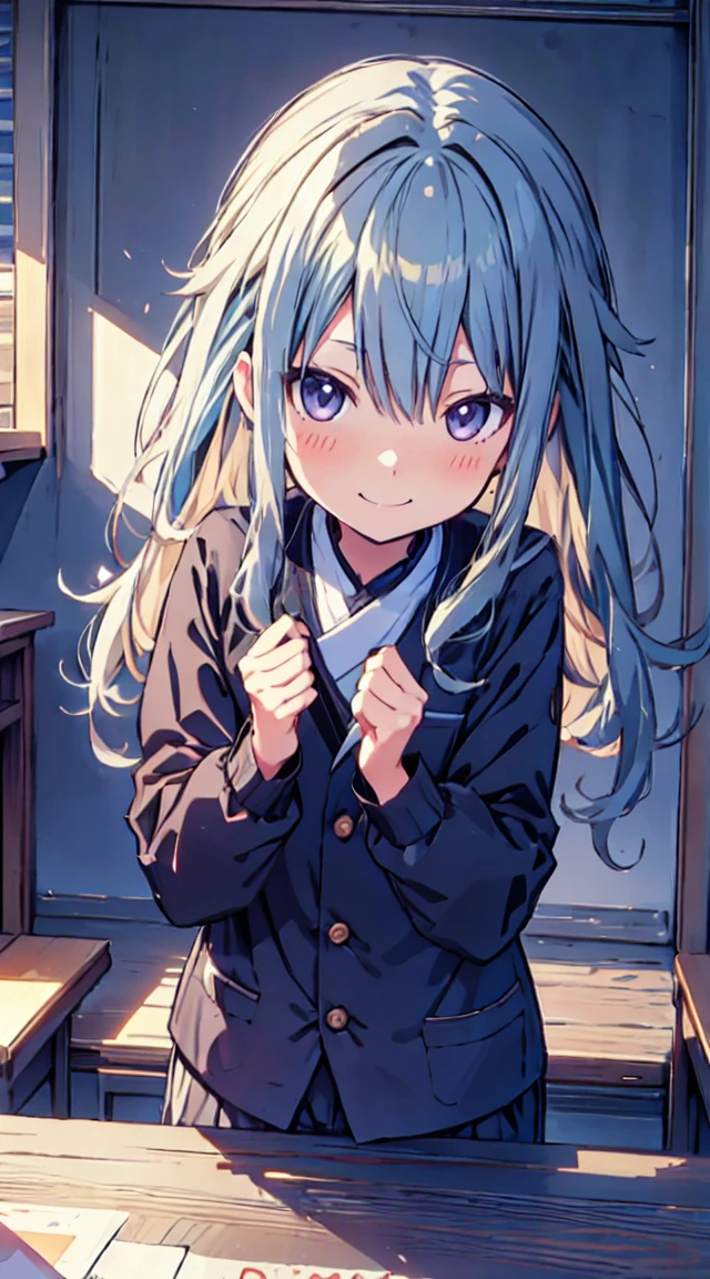 masutepiece, Best Quality,Illustration, Wallpaper, ultra -detail, 1loli、♡、Futomo、Poses in motion、mischievous smile、校服、outside of house