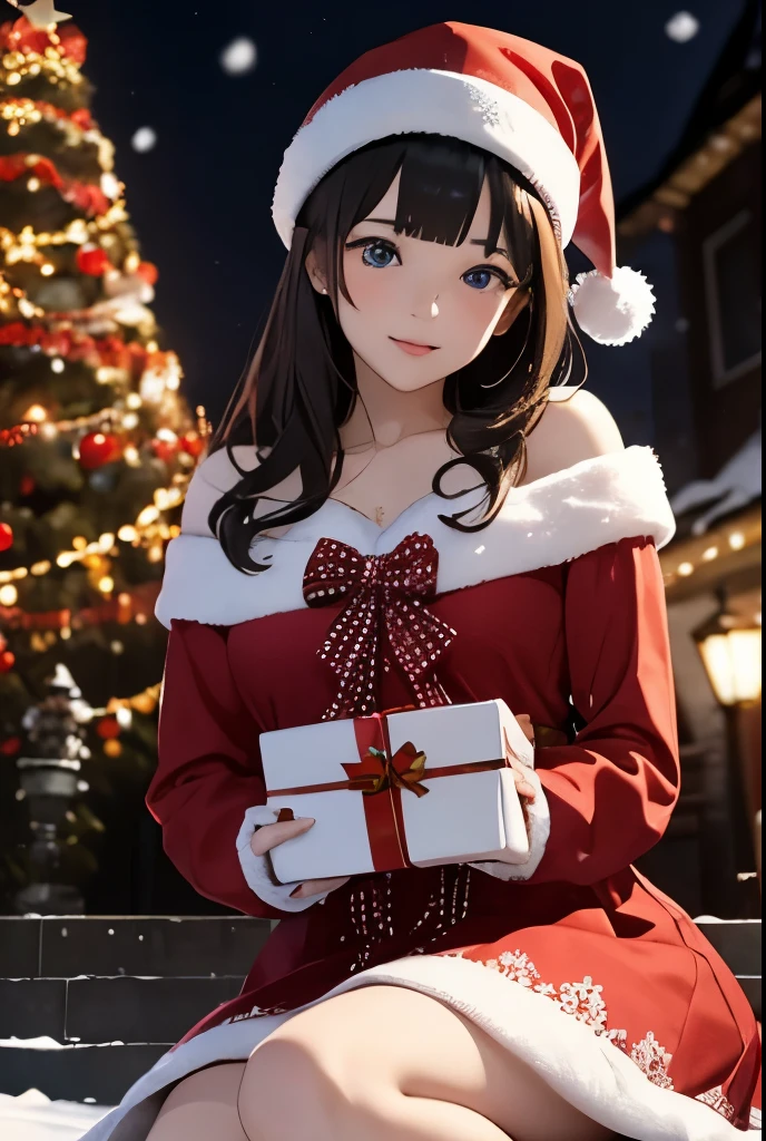 a girl with beautiful detailed eyes, holding a Christmas gift, wearing a red dress and a Santa hat, in a snowy garden, surrounded by colorful lights, with a background of a decorated Christmas tree and falling snowflakes, in a realistic style, with vivid colors and soft lighting, best quality, highres, ultra-detailed, HDR, with bokeh and sharp focus, like a masterpiece.