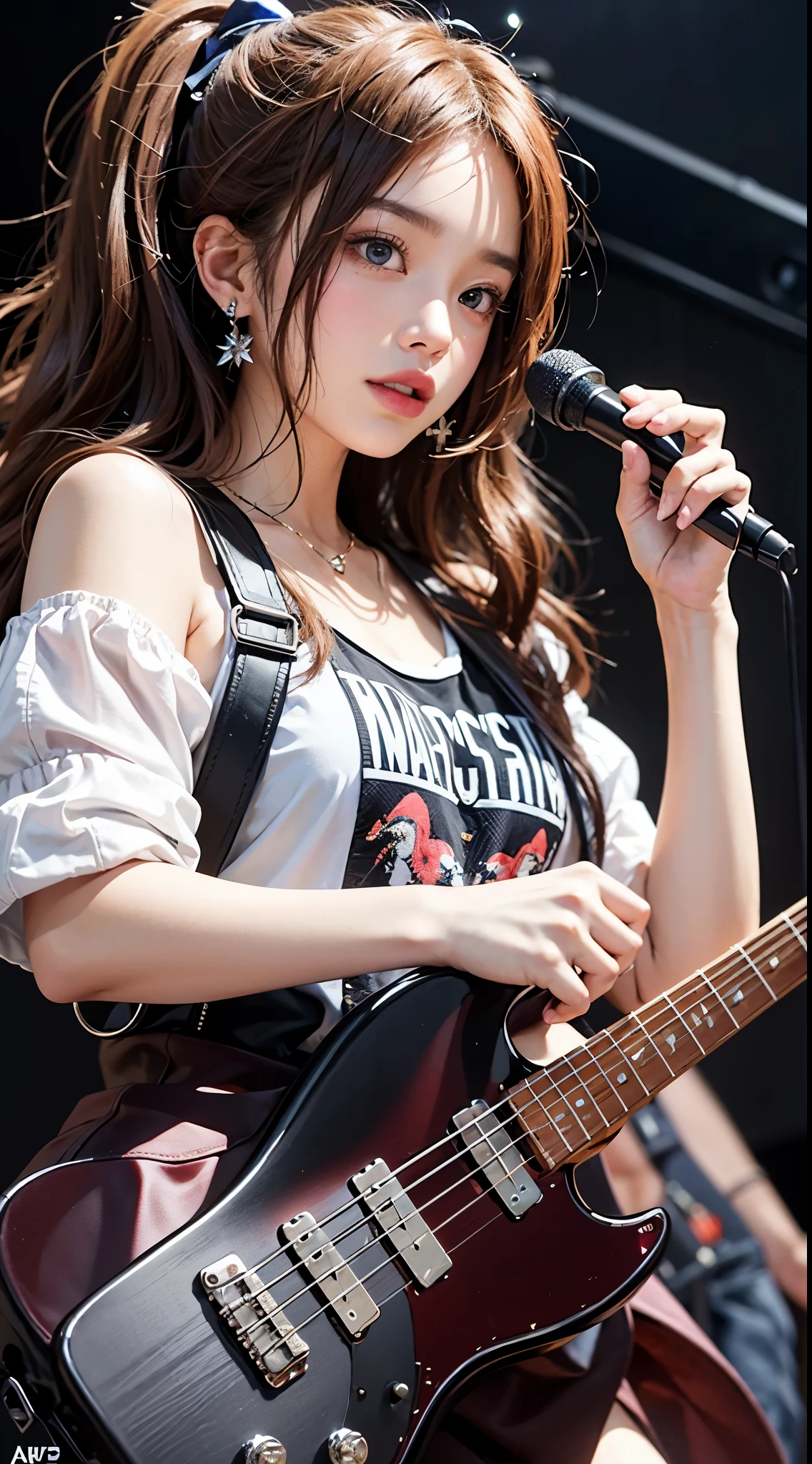 Close-up of a person holding a guitar on stage, bassist, roseanne park of blackpink, art promotional, dreamy rock girl, taken in 2 0 2 0, holding electric guitar, portrait of jossi of blackpink, fanart, sun yunjoo, rocking out, jossi of blackpink
