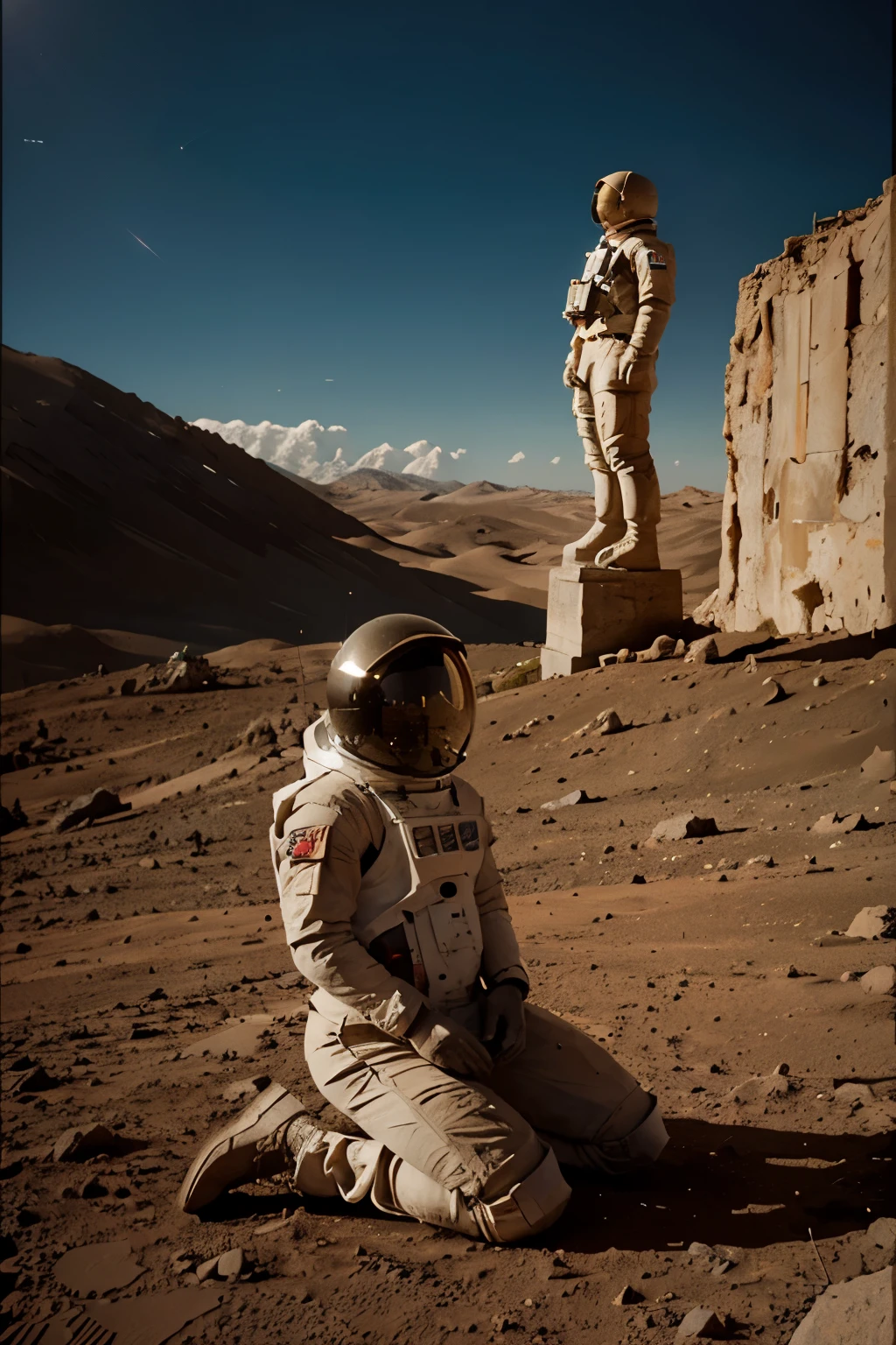 astronaut on mars kneeling with head down in front of several stone statues on top of a mountain, 8k, cinematographic
