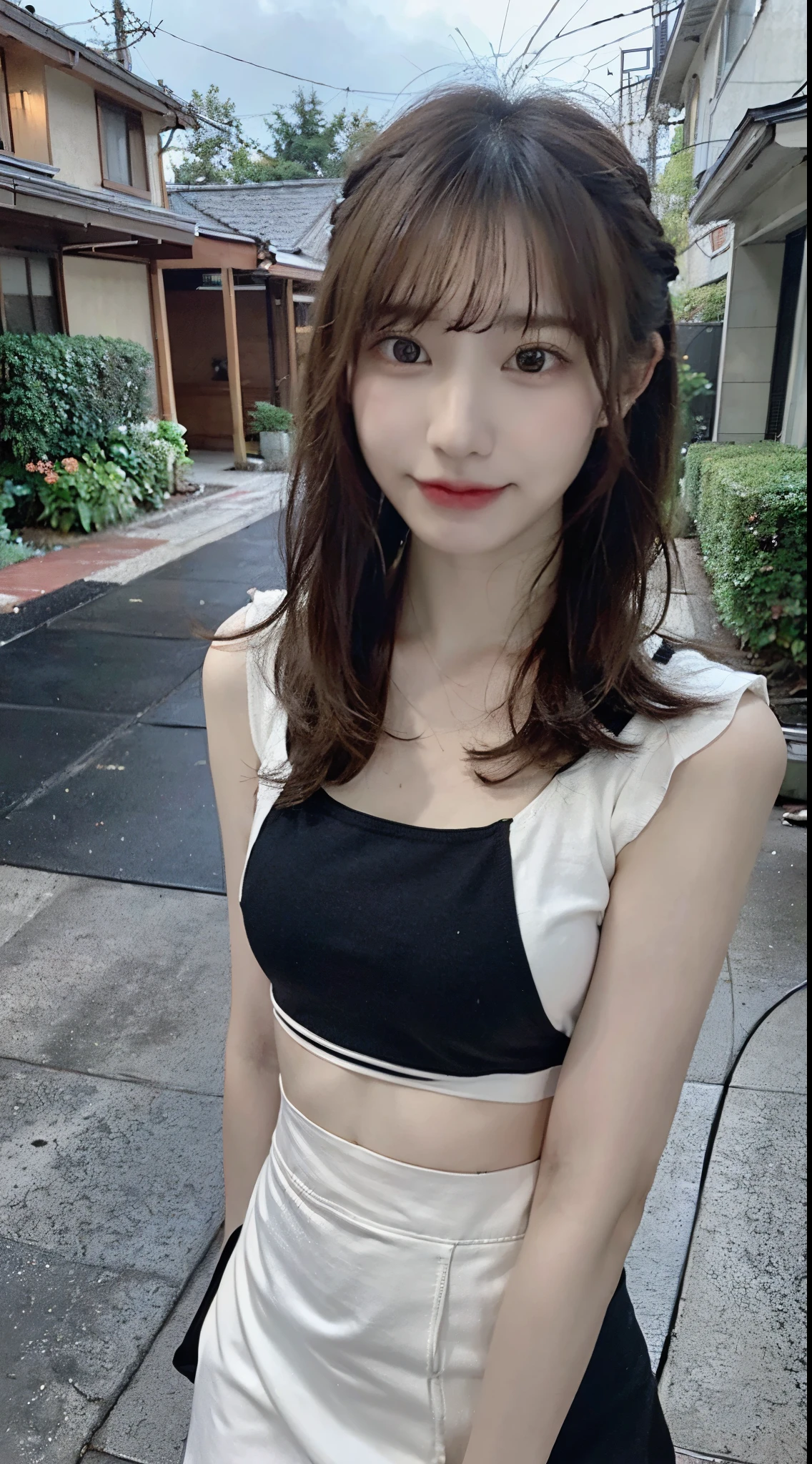 (masterpiece:1.3), (8K, Photorealsitic, Raw photography, Top image quality: 1.4), Japan high school girls、(Random hairstyles:1.2)、(large boob)、Super Detail Face、Eye of Detail、二重まぶた、foco nítido:1.2、prety woman:1.4、light brown hair、top-quality、超A high resolution、(Photorealsitic:1.4)、moonlights:1.1、slender、A smile、(Looking at the camera)、(outside of house、natta:1.5)、Walking around the city、(White crop top:1.4)、(Tight black mini skirt:1.3)、miniskirt is black、I'm wearing gray sneakers、(The chest is visible)、NSFW、Erotic、