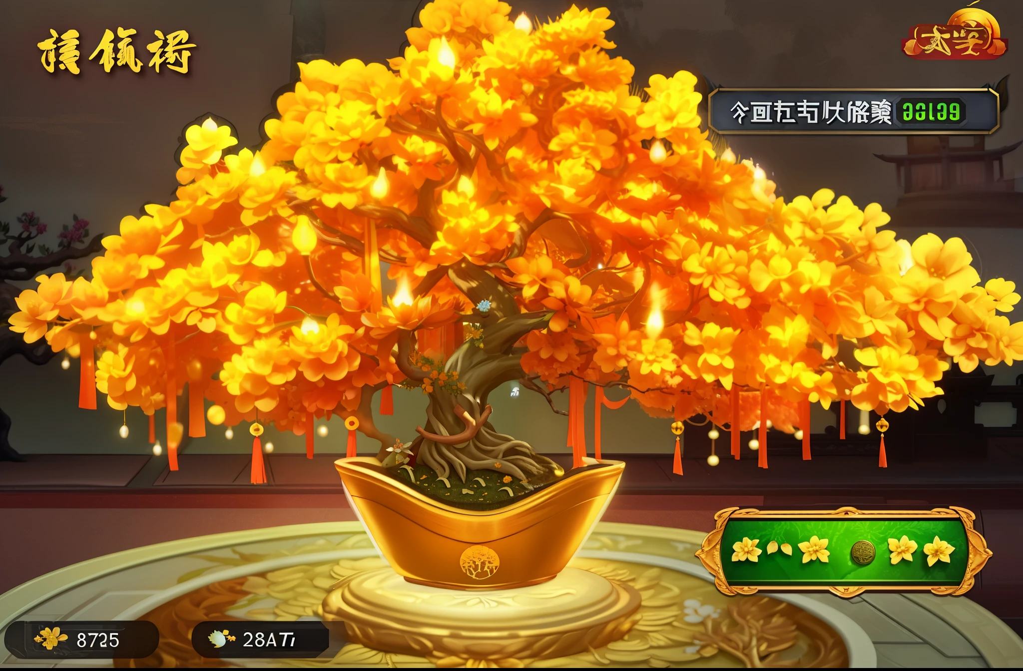 a close up of a bonsai tree with a lot of yellow flowers, golden sacred tree, rich tree, huge flame fantasy plant, onmyoji detailed art, an enormous silver tree, a beautiful tree, game asset of plant and tree, fantasy tree, chinese style, magic tree, onmyoji, inspired by Pu Hua, elaborate ornate growth, world tree