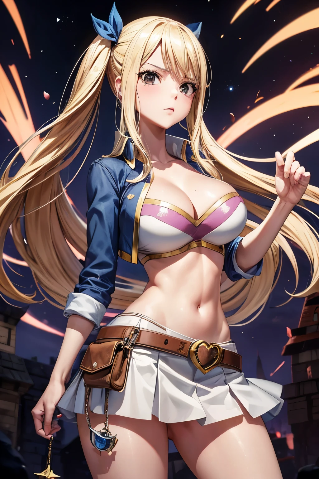 anime fairy tail, personaje lucy hearfilia, pelo rubio, rostro hermoso, pecho grande, trasero grande, Curvaceous Body, calidad, 4k, adolescente, atractiva, wear a belt that, Holds both the miniskirt and her star spirit keys, and a whip with a heart-shaped end. La marca de miembro del gremio se encuentra en el dorso de su mano derecha y es de color rosa. Es una chica con ojos marrones, es rubia y que suele cambiar la forma en que peina su cabello, like most of the female characters in the series, has a large chest. Unlike almost all the other characters, no siempre usa el mismo tipo de ropa, aunque tiene un atuendo especifico, el que usa siempre al terminar la saga. His clothes practically change in all the sagas. Sin embargo, ella siempre wear a belt that, holds both the miniskirt and her Celestial Spirit keys, and a whip with a heart-shaped end. La marca de miembro del gremio se encuentra en el dorso de su mano derecha y es de color rosa. Sus (supuestas) medidas son: pecho 89 cm, cintura 60 cm, cadera 89 cm.