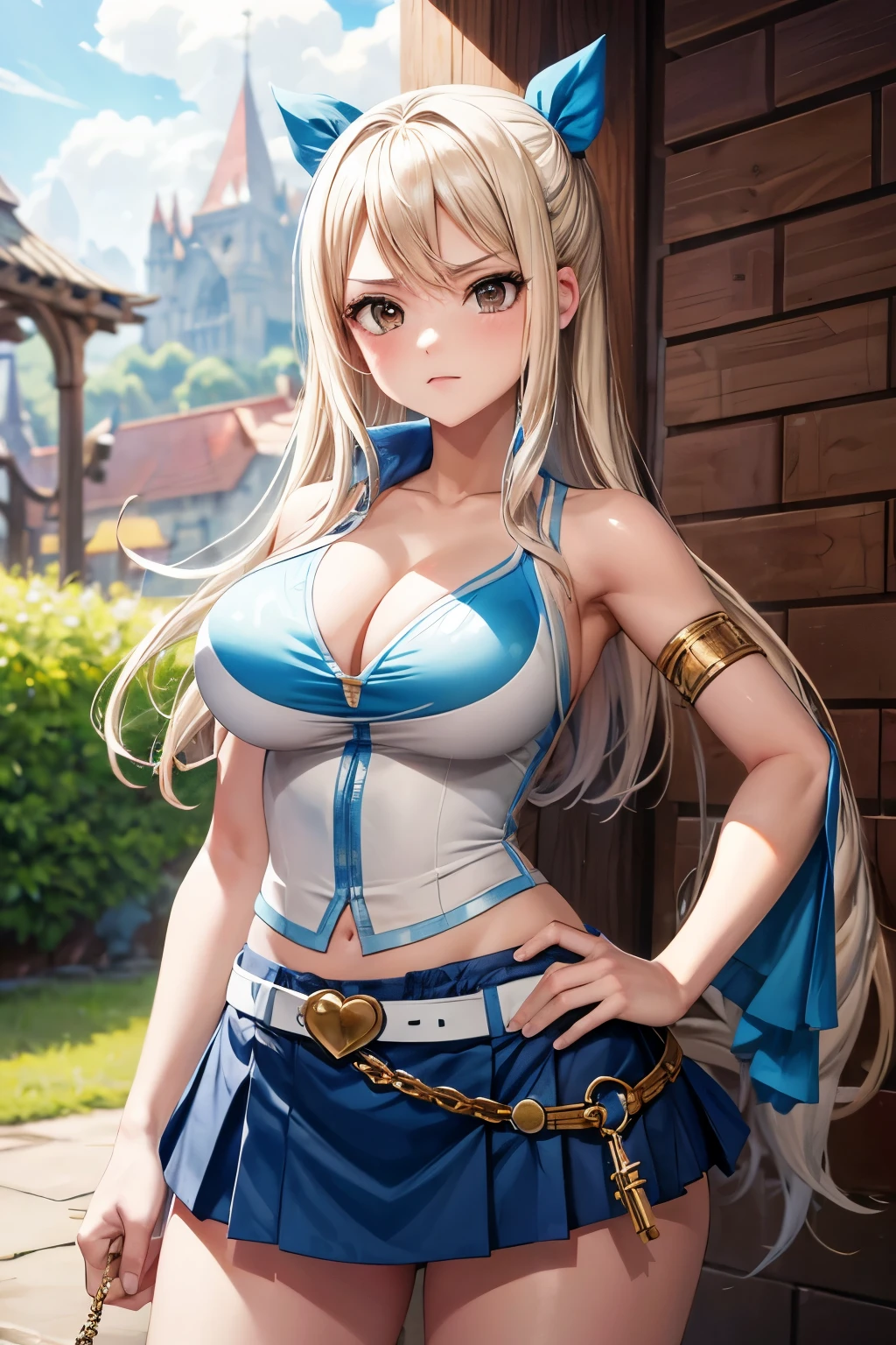 anime fairy tail, personaje lucy hearfilia, pelo rubio, rostro hermoso, pecho grande, trasero grande, Curvaceous Body, calidad, 4k, adolescente, atractiva, wear a belt that, Holds both the miniskirt and her star spirit keys, and a whip with a heart-shaped end. La marca de miembro del gremio se encuentra en el dorso de su mano derecha y es de color rosa. Es una chica con ojos marrones, es rubia y que suele cambiar la forma en que peina su cabello, like most of the female characters in the series, has a large chest. Unlike almost all the other characters, no siempre usa el mismo tipo de ropa, aunque tiene un atuendo especifico, el que usa siempre al terminar la saga. His clothes practically change in all the sagas. Sin embargo, ella siempre wear a belt that, holds both the miniskirt and her Celestial Spirit keys, and a whip with a heart-shaped end. La marca de miembro del gremio se encuentra en el dorso de su mano derecha y es de color rosa. Sus (supuestas) medidas son: pecho 89 cm, cintura 60 cm, cadera 89 cm.