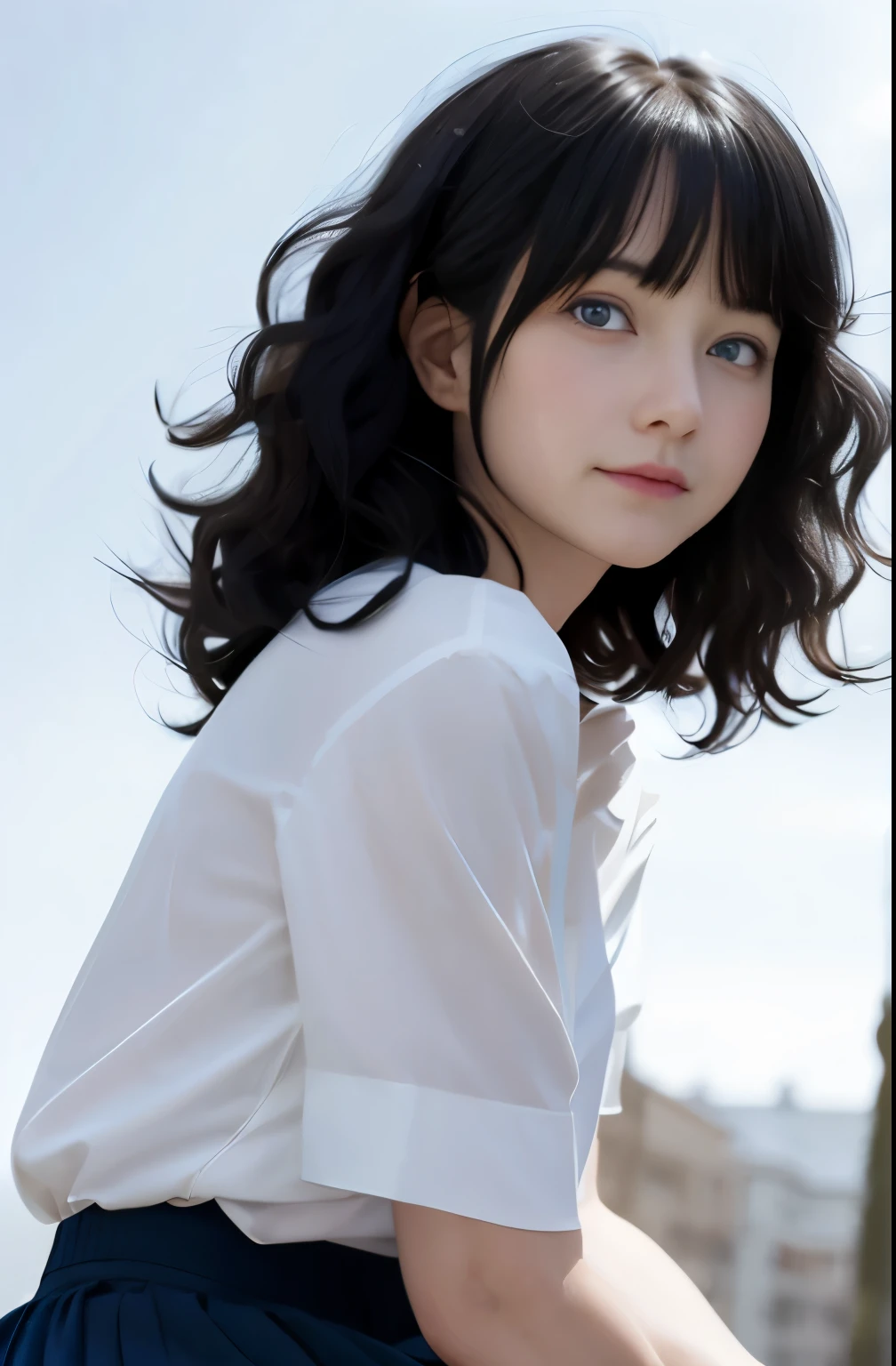 Black hair, Anime, Ghibli, Anime style, close up, From Side, One-person viewpoint, 8K, Super Detail, masutepiece,Super Detail, High quality, High resolution, high detailing, White background, Face Detail, Happiness, Curly hair, Blue eyes、Show a full body image、Red cheeks、High School Blouse、pleatedskirt、knee sox