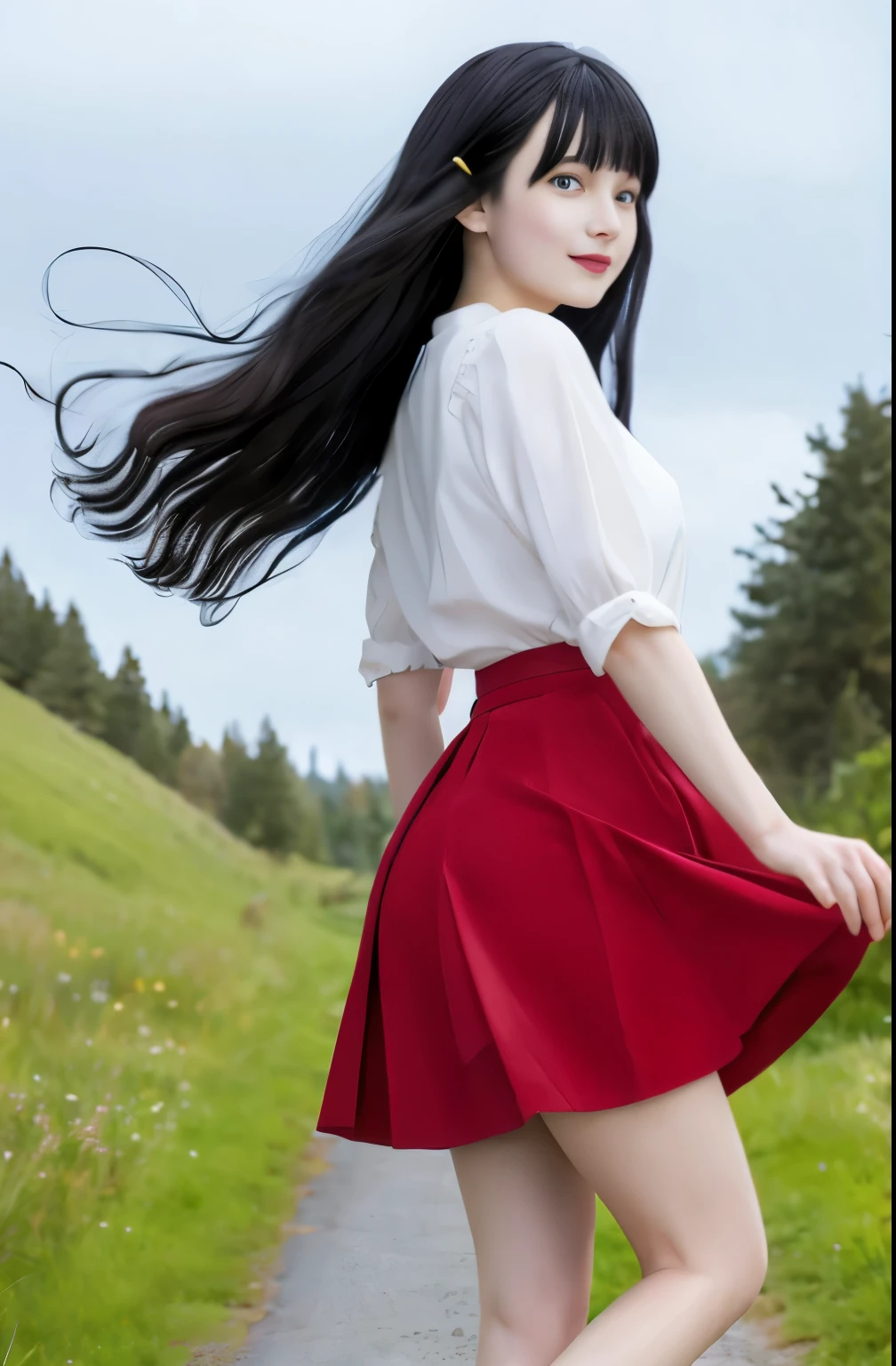 Black hair, Anime, Ghibli, Anime style, close up, From Side, One-person viewpoint, 8K, Super Detail, masutepiece,Super Detail, High quality, High resolution, high detailing, White background, Face Detail, Happiness, Curly hair, Blue eyes、Show a full body image、Red cheeks、High School Blouse、pleatedskirt、knee sox