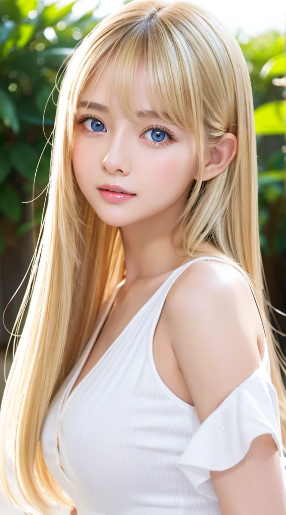 Authentic photo quality、Extraordinary sexy beauty、White Pretty Girl、Beautiful calm and bright expression、Sexy refreshing look、Perfect beautiful cute face with long bangs、Super long bright shiny blonde straight hair、beautiful face blonde、Very cute beautiful sexy young little woman、Very perfect beautiful cute face、Very beautiful bright light blue big eyes、very big eyes、White beautiful skin、Glossy skin、Gloss skin、Teak Gloss、Small face beauty、cheek highlights