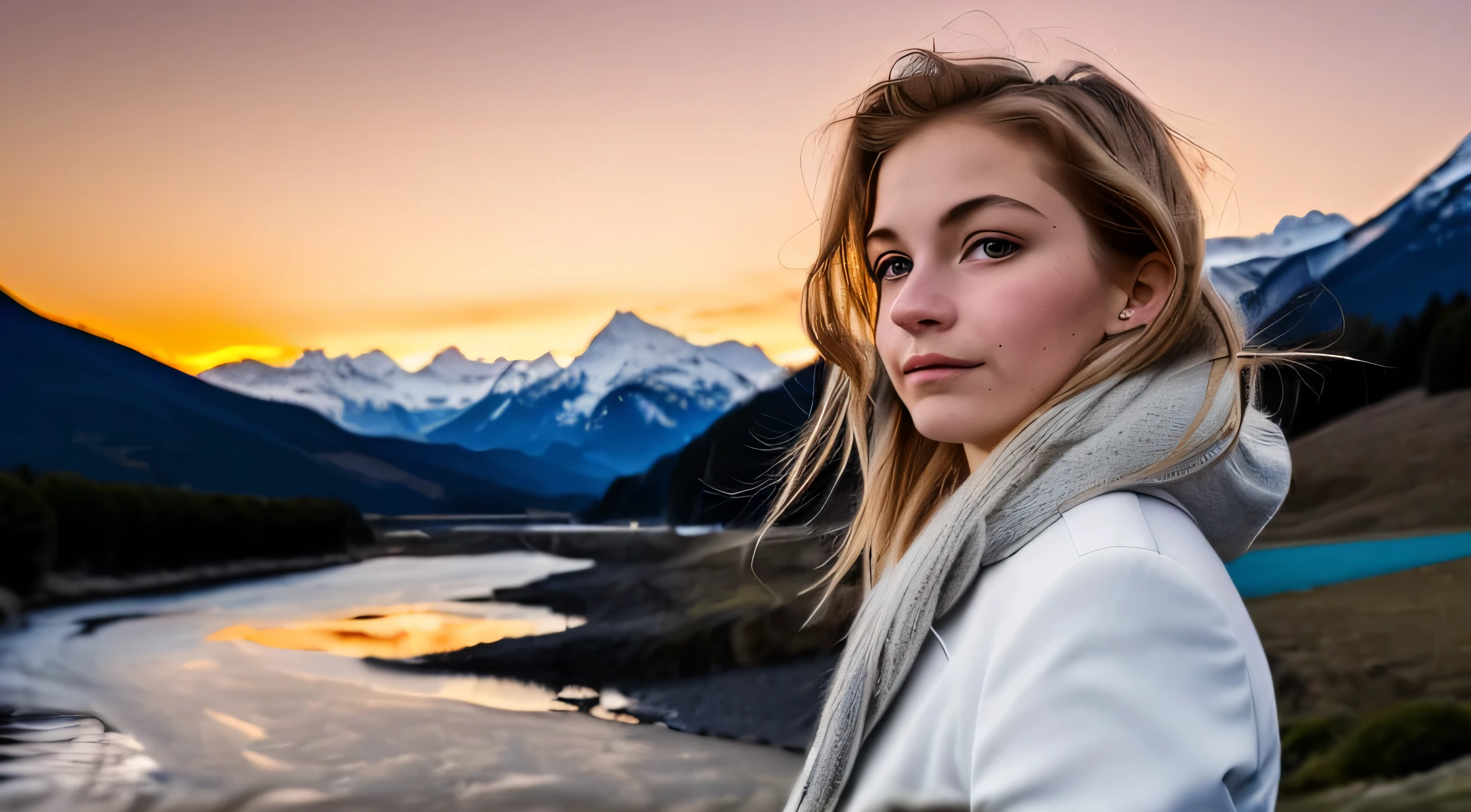 ((best quality)), ((Meisterwerk)), (Detailliert), Perfektes Gesicht, 18 year old girl in front of snowy mountains at dusk, Kizi, 18 Jahre alt, dreamy look, blondes Haar, blaue Augen, runny, kleine Brust, Kleiner Hintern, offener Overall, vor Bergen, at dusk, leichter Schneefall