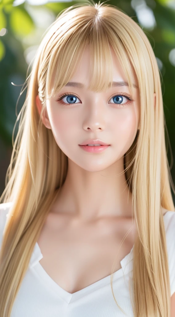 Authentic photo quality、Extraordinary sexy beauty、White Pretty Girl、Beautiful calm and bright expression、Sexy refreshing look、Perfect beautiful cute face with long bangs、Super long bright shiny blonde straight hair、beautiful face blonde、Very cute beautiful sexy young little woman、Very perfect beautiful cute face、Very beautiful bright light blue big eyes、very big eyes、White beautiful skin、Glossy skin、Gloss skin、Teak Gloss、Small face beauty、cheek highlights