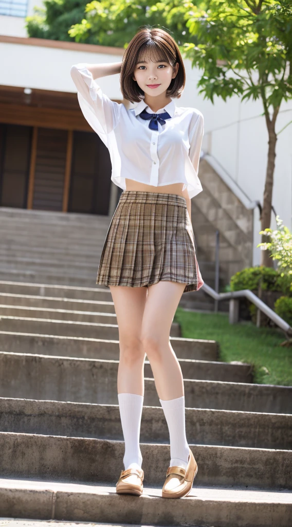 ((1womanl、FULL BODYSHOT、Capturing the entire model up to the ankles))、(perfect female anatomy)、healthy female physical beauty、Black eyes、Korean School Uniform、Summer School Uniform Shirts、Ribbon tie、Plaid mini skirt、Light brown hair、stairs at school、stairs at schoolを下りる瞬間、Chest thrusting pose、Pose to show off your breasts、8K RAW Photos、hight resolution、-yeld coKorean、very large round breasts、beautiful eyes finely detailed、long eyeslashes、Beautiful double eyelids、eyeshadows、eye line、Slender eyes、elongated eye shape、Sanpaku eyes、evil smile、Evil look、beautiful and very thin legs、beautiful and very thin thighs,、random short medium hair、Tie your hair behind your head、耳环、((Stretch one leg forward))、(White High Socks)、(Brown loafers)
