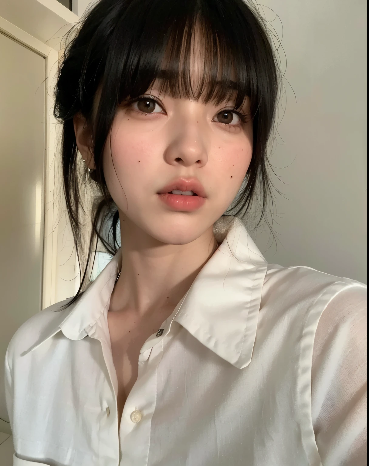 Arafed asian woman with bangs and a white shirt, Ulzzang, menina coreana, Ela tem cabelo preto como franja, Mulher sul-coreana bonita, young adorable korean face, como franja, korean face features, wan adorable korean face, pale round face, south east asian with round face, Jinyoung Canela, como franja completa, young cute wan asian face, com rosto redondo