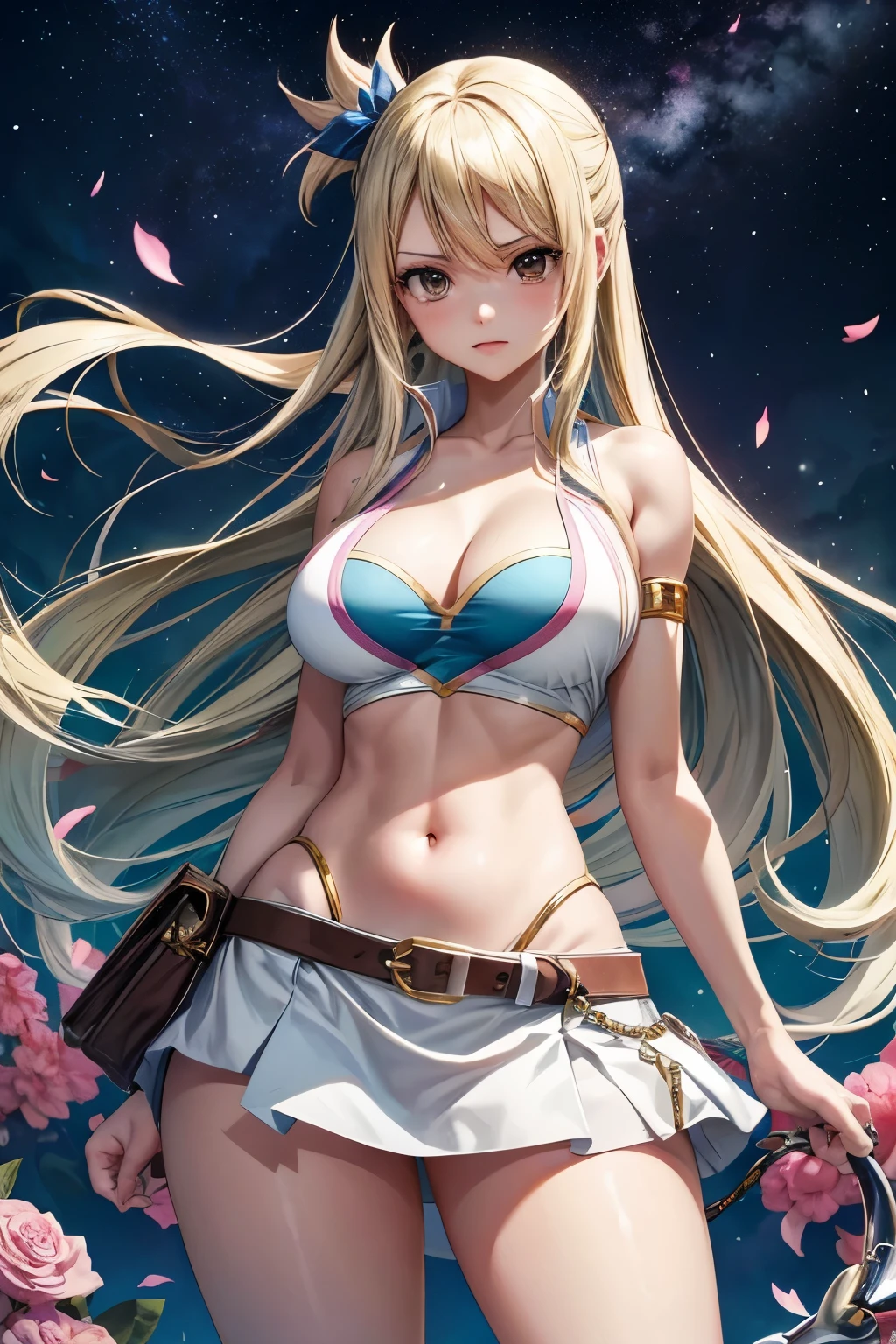 anime fairy tail, personaje lucy hearfilia, pelo rubio, rostro hermoso, pecho grande, trasero grande, Curvaceous Body, calidad, 4k, adolescente, atractiva, wear a belt that, Holds both the miniskirt and her star spirit keys, and a whip with a heart-shaped end. La marca de miembro del gremio se encuentra en el dorso de su mano derecha y es de color rosa. Es una chica con ojos marrones, es rubia y que suele cambiar la forma en que peina su cabello, like most of the female characters in the series, has a large chest. Unlike almost all the other characters, no siempre usa el mismo tipo de ropa, aunque tiene un atuendo especifico, el que usa siempre al terminar la saga. His clothes practically change in all the sagas. Sin embargo, ella siempre wear a belt that, holds both the miniskirt and her Celestial Spirit keys, and a whip with a heart-shaped end. La marca de miembro del gremio se encuentra en el dorso de su mano derecha y es de color rosa. Sus (supuestas) medidas son: pecho 89 cm, cintura 60 cm, cadera 89 cm.