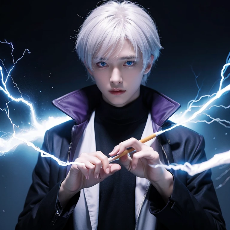 1boy, aura, biribiri, black_background, blue_eyes, blue_fire, blurry, cigarette, coat, crystal, electricity, energy, glowing, glowing_eye, hair_between_eyes, high_collar, holding, holding_cigarette, lightning, long_sleeves, looking_at_viewer, magic, male_focus, purple_coat, simple_background, solo, upper_body, white_hair