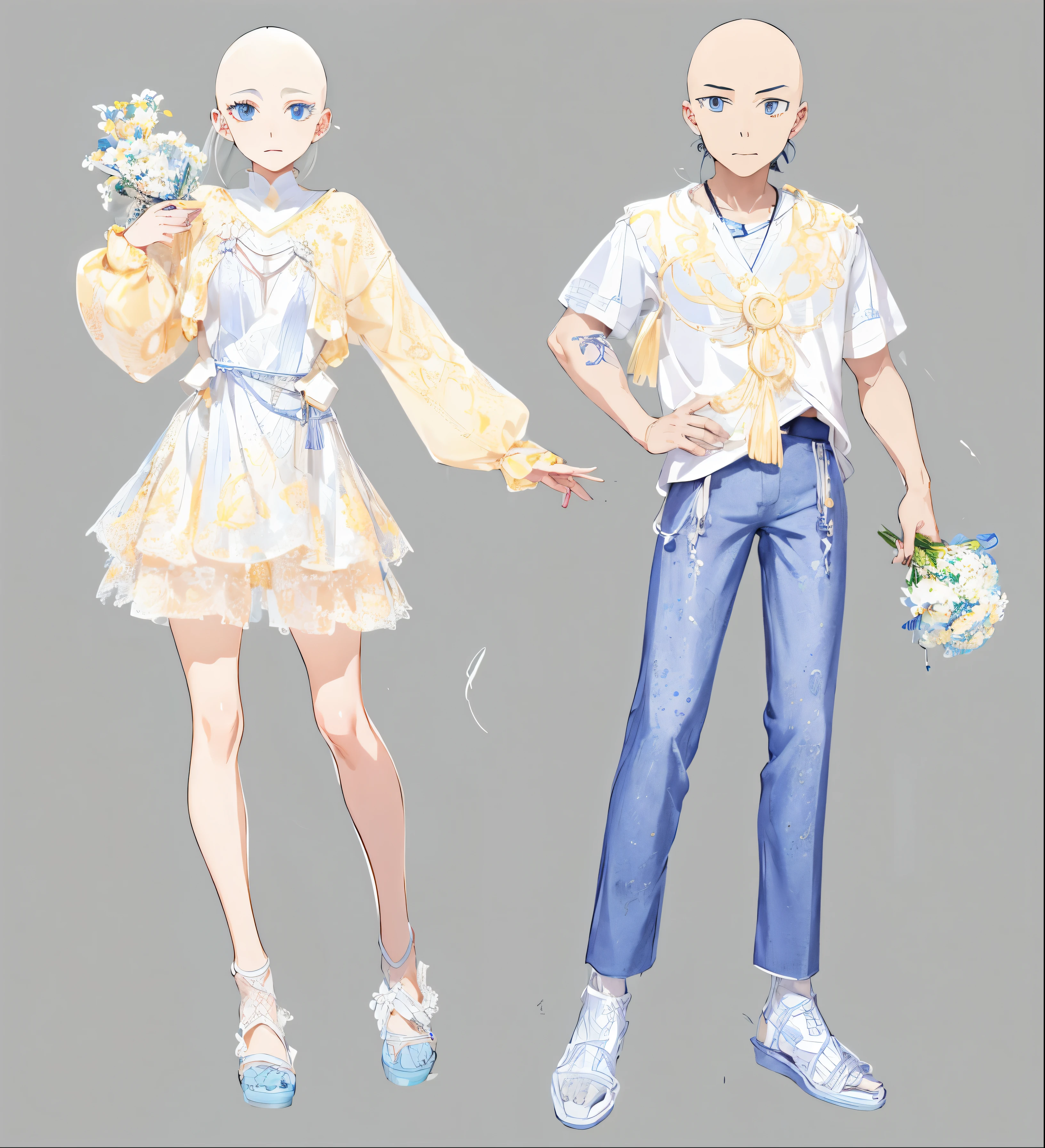 Anime drawing of a man and a clothed woman, clothing design, fashion concept art, clothing designs, lunar themed attire, Meticulous clothes, clear clothing design, long term wear, Flowing clothes, Full body character design, clothing concept, style anime, very detailed and rich clothing, detailed full-body concept, Diverse clothing, high quality character design, clothes high detail