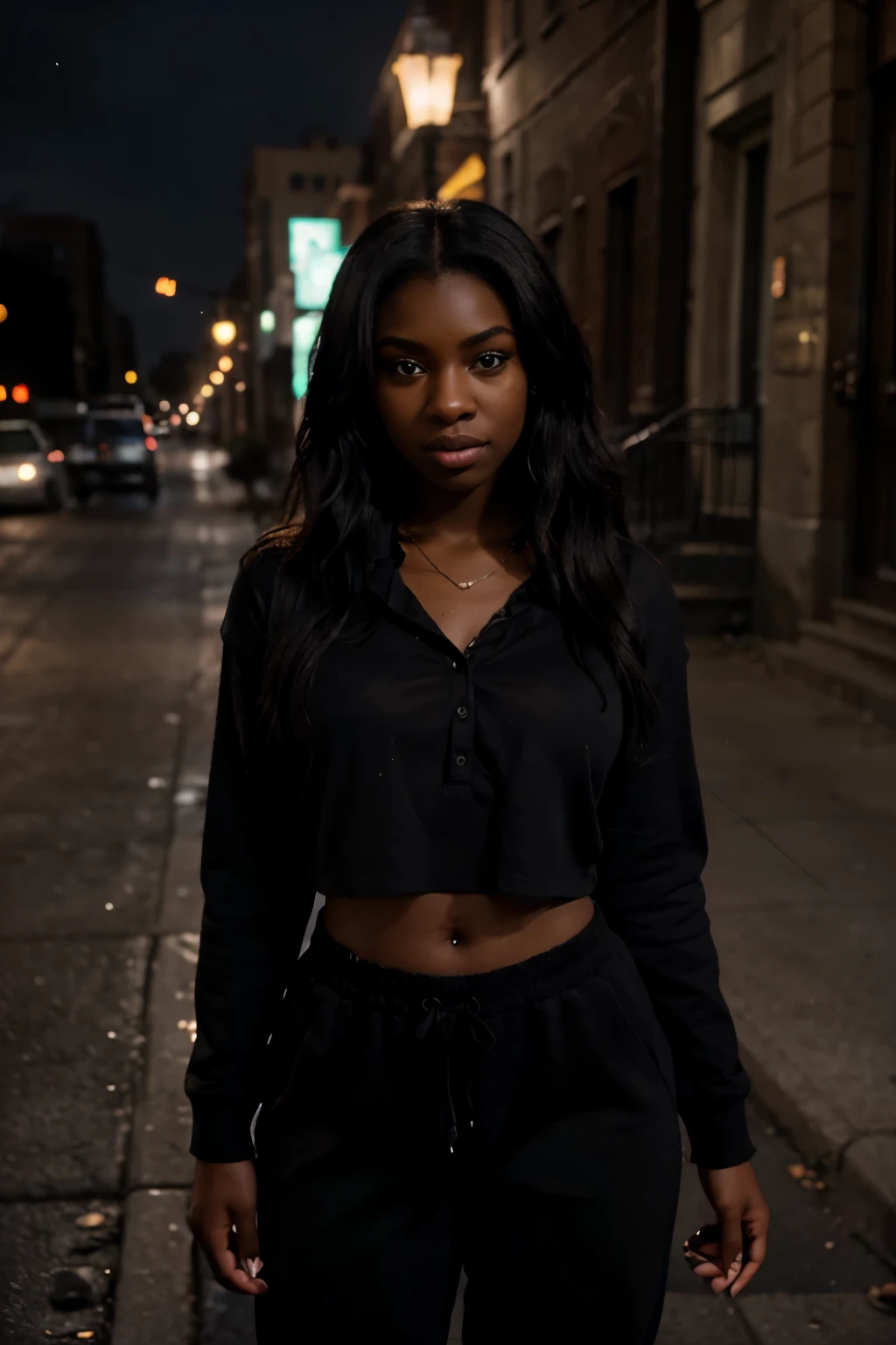 singer coco jones on a very dark street in brooklyn at night. She's wearing a loose, comfortable shirt and sweatpants, with her straight black hair, shadows on her face, She's her dark brown skin glows in the streetlight, sad expression, in front of a brownstone