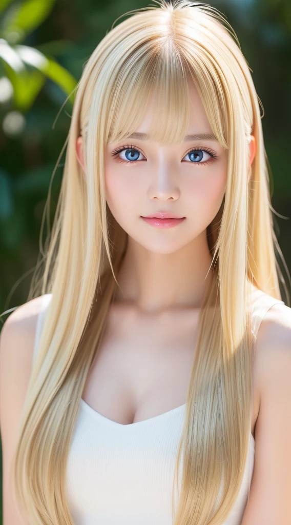 Authentic photo quality、Extraordinary sexy beauty、White Pretty Girl、Beautiful calm and bright expression、Sexy refreshing look、Perfect beautiful cute face with long bangs、Super long bright shiny blonde straight hair、beautiful face blonde、Very cute beautiful sexy young little woman、Very perfect beautiful cute face、Very beautiful bright light blue big eyes、very big eyes、White beautiful skin、Glossy skin、Gloss skin、Teak Gloss、Small face beauty、cheek highlights