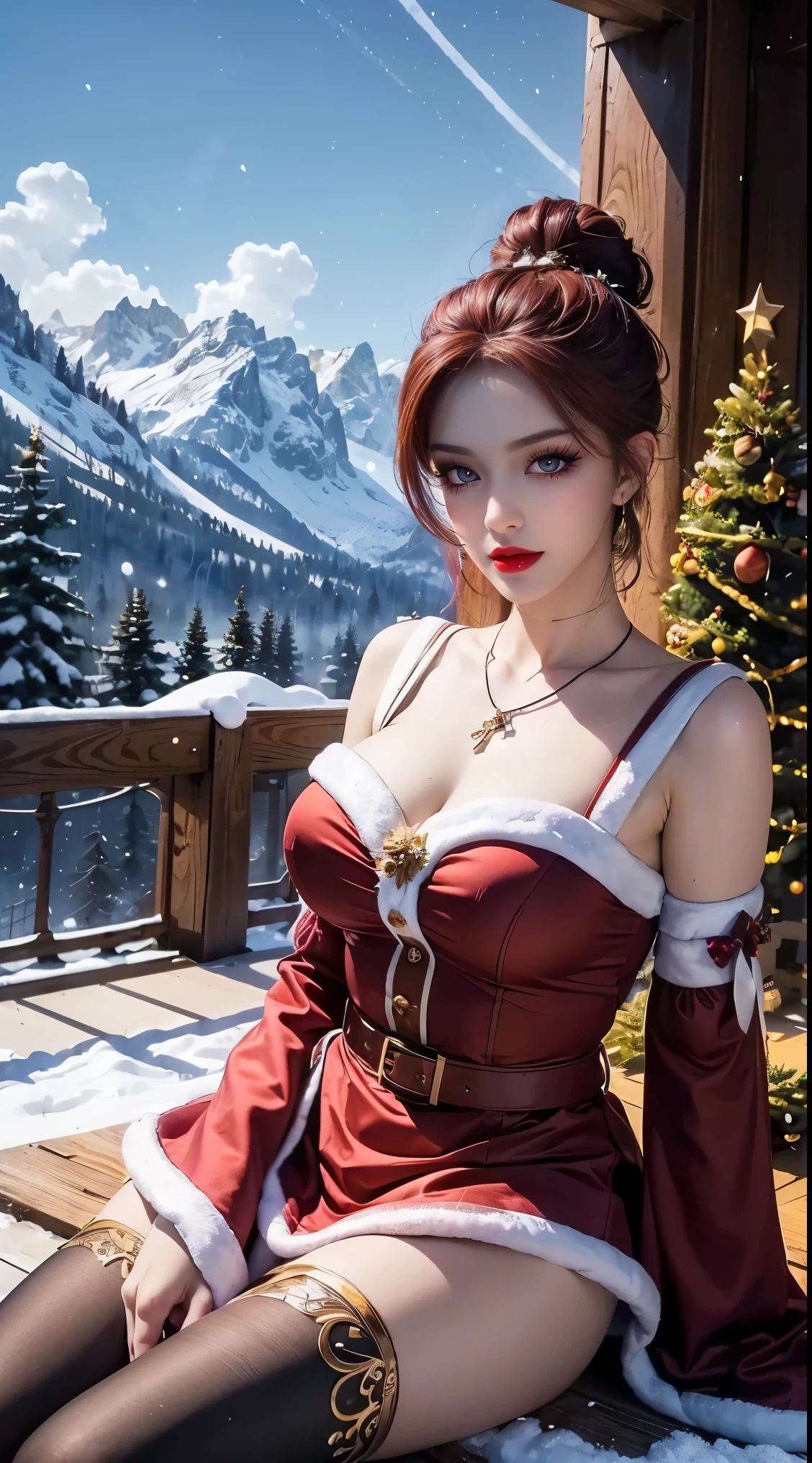 ((masterpiece)), ((best quality)), (ultra-detailed), (super fine illustration), ((kawaii)), cuovely), ((extremely detailed)), (Detailed eyes), (detailed facial features), (Detailed fingers), (detailed clothes features), 4K, (8K), (beautiful), (dynamic composition), (cowboy shot:1.3), (santa costume:1.3), sitting on a stump, a pretty woman, 1 woman, (brown skin:1.2), black hair, medium  hair, (beautiful blue eyeeautiful eyes)), White teeth, (tights), (hair ornaments), earringib necklace), (laulush, mountain, village, evening, winter, Shine with colored light, lens flare, (snow effect), shiny, christmas tree,short hair,hair bun, red hair