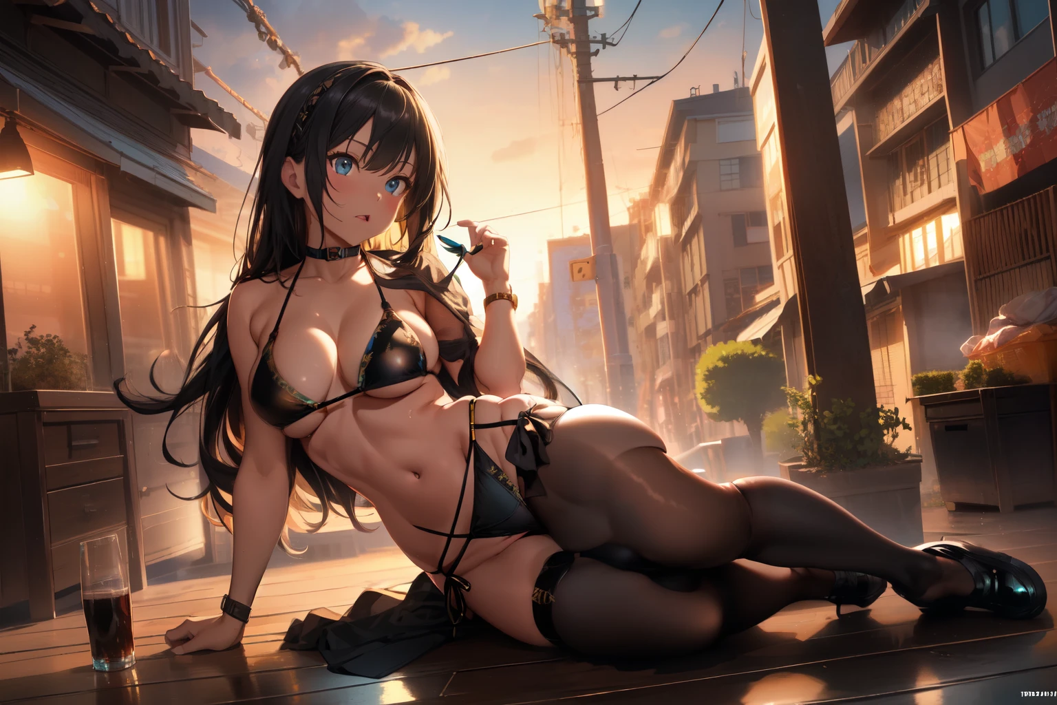 (Masterpiece, High Quality, High-Detailed, Detailed CG, Cinematic Lighting, Beautiful Detailed Eyes, Ultra Resolution), (Full Body View), (Erotic Suggestiveness:1.0), (Bikini:1.5), (Black Color Bikini:1.5), (Erotic Bikini:1.0), NSFW, Five Finger, Small-Breast, Thigh, Black-Pantyhose, Pantyhose, Cyan Color Eye, Short Hair, Angry Face, On Bed, Golden Lighting Background, Outdoor.