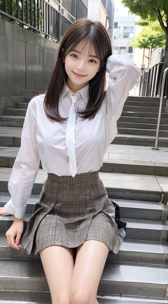 ((1womanl、FULL BODYSHOT、Photograph everything about her、perfect anatomia))、Black eyes、Korean School Uniform、Summer School Uniform Shirts、Ribbon tie、Plaid mini skirt、Light brown hair、stairs at school、stairs at schoolを下りる、Chest thrusting pose、Pose to show off your breasts、8K RAW Photos、hight resolution、16-year-old cool Korean、very large round breasts、beautiful eyes finely detailed、long eyeslashes、Beautiful double eyelids、eyeshadows、eye line、Slender eyes、elongated eye shape、Sanpaku eyes、evil smile、Evil look、beautiful and very thin legs、beautiful and very thin thighs,、random short medium hair、Tie your hair behind your head、耳环、((Stretch one leg forward))、white school socks、Brown loafers